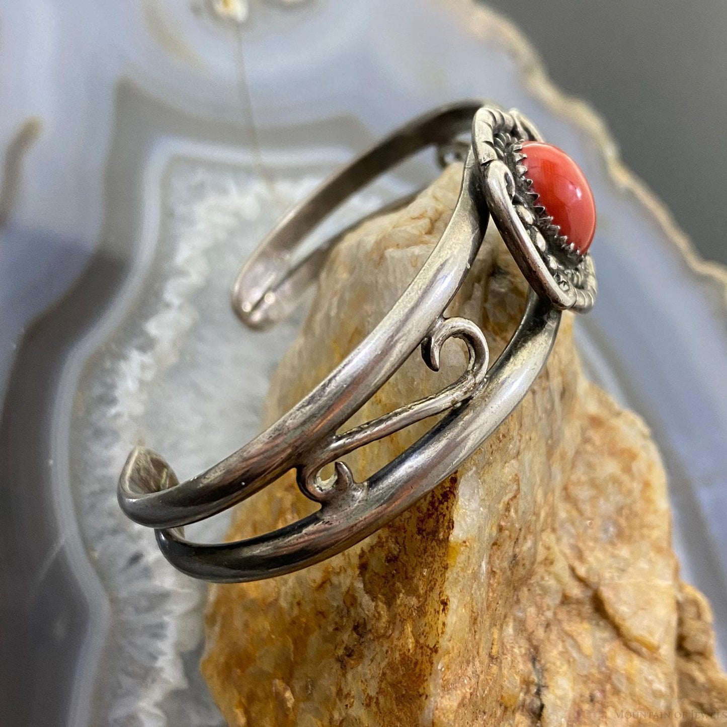 Vintage Native American Silver Oval Coral Decorated Bracelet For Women