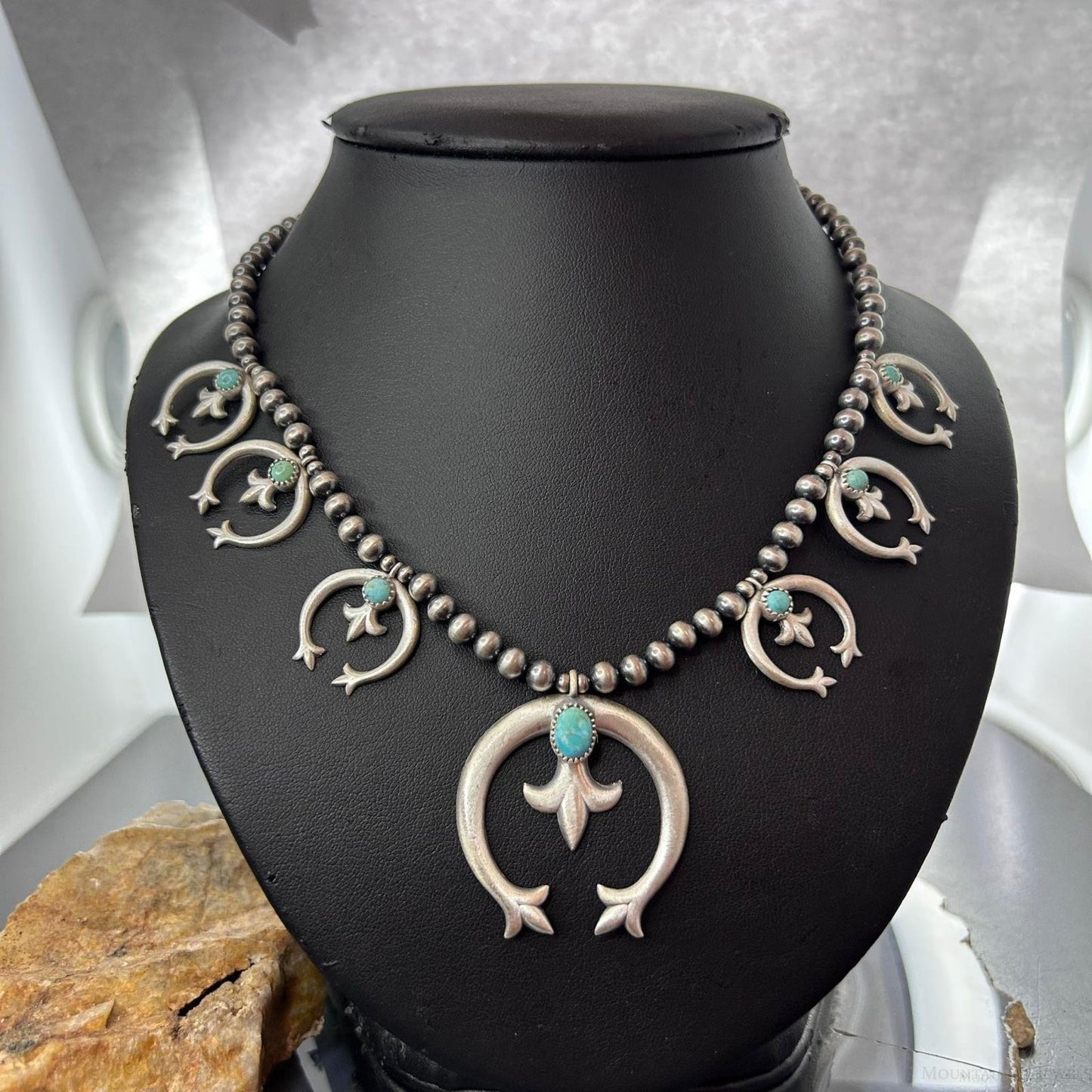 Sterling Silver Southwestern Style 6 Small Naja & Large Naja Squash Blossom Necklace For Women