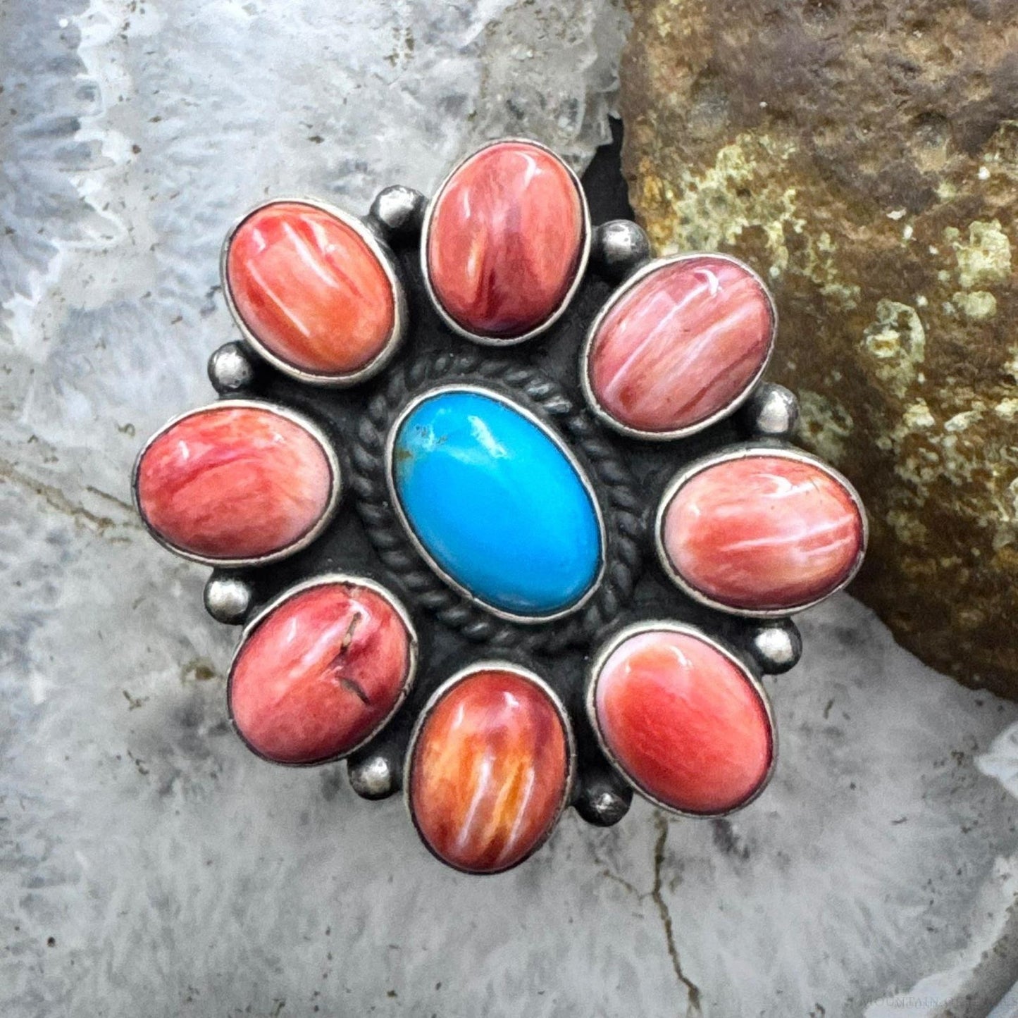 Native American Sterling Silver Turquoise &Spiny Oyster Adjustable Cluster Ring For Women