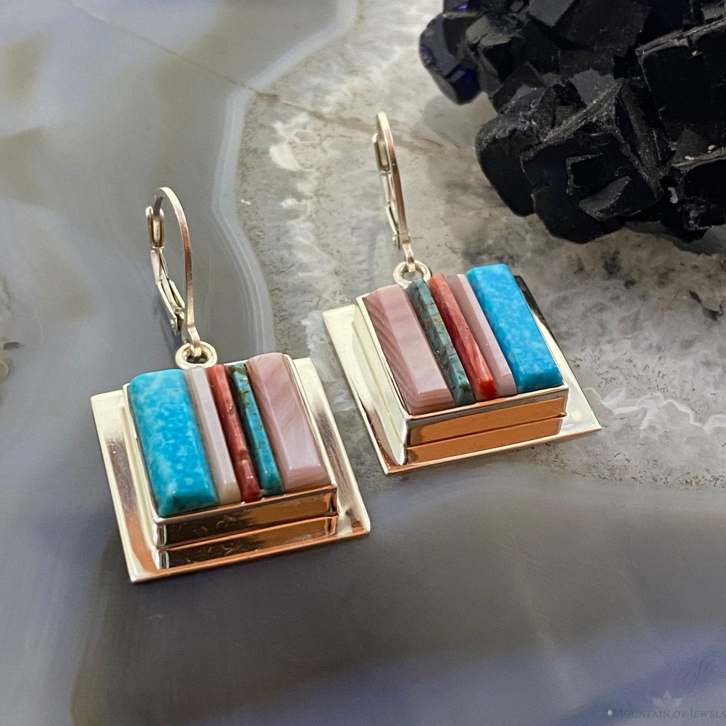 Veronica Benally Native American Silver Multi Stone Cobblestone Dangle Earrings
