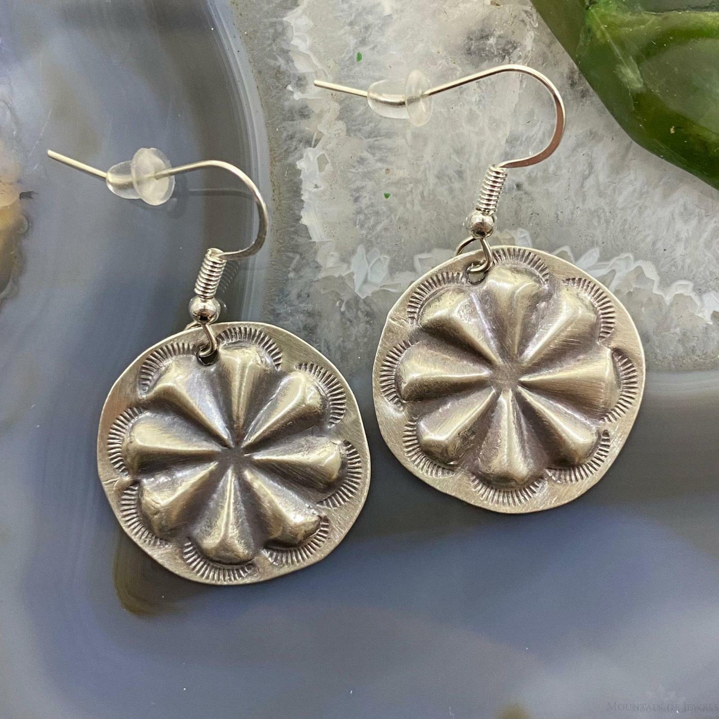 Sterling Silver Floral Repousse Dangle Earrings For Women
