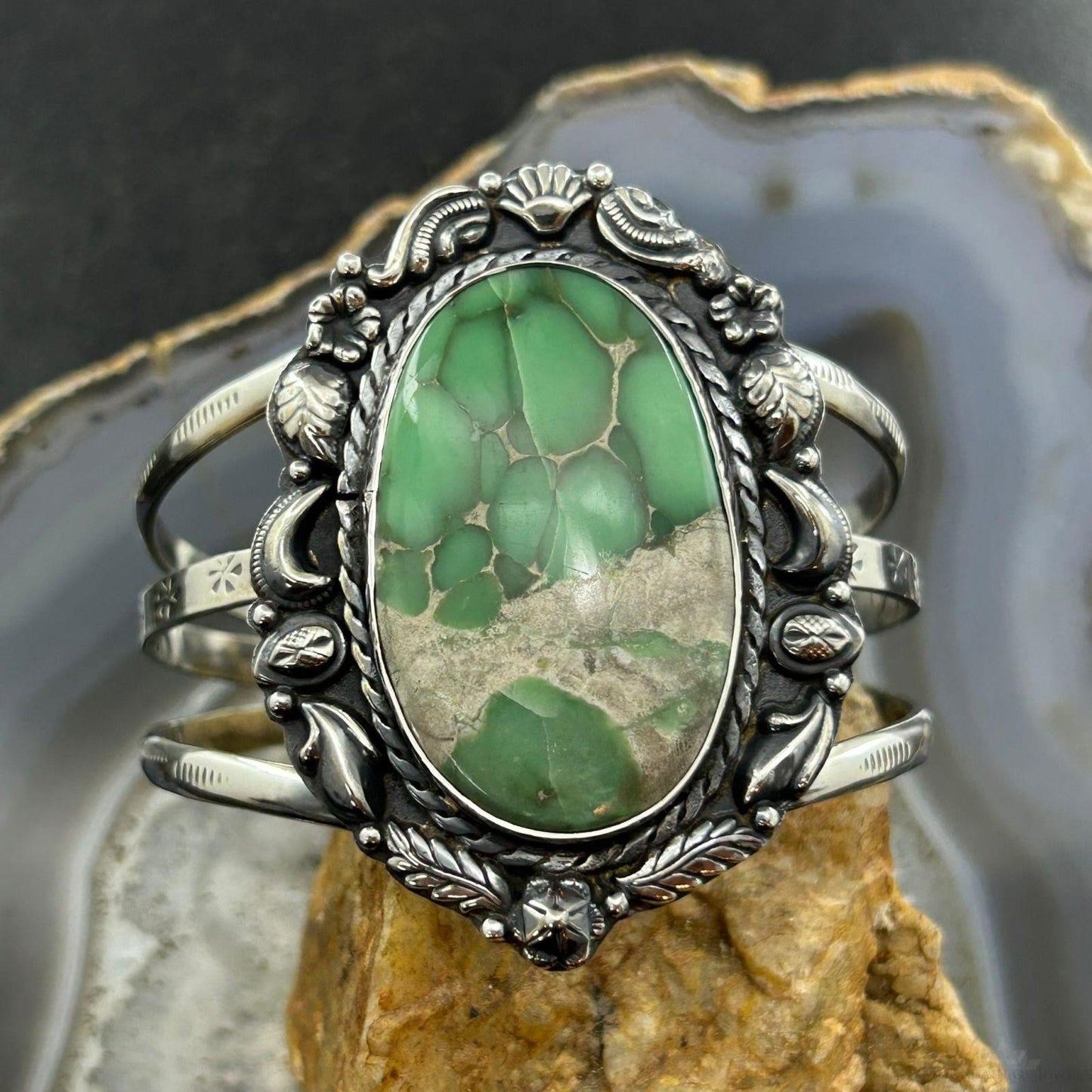 Sterling Silver Southwestern Style Large Oval Variscite Decorated Bracelet For Women #1