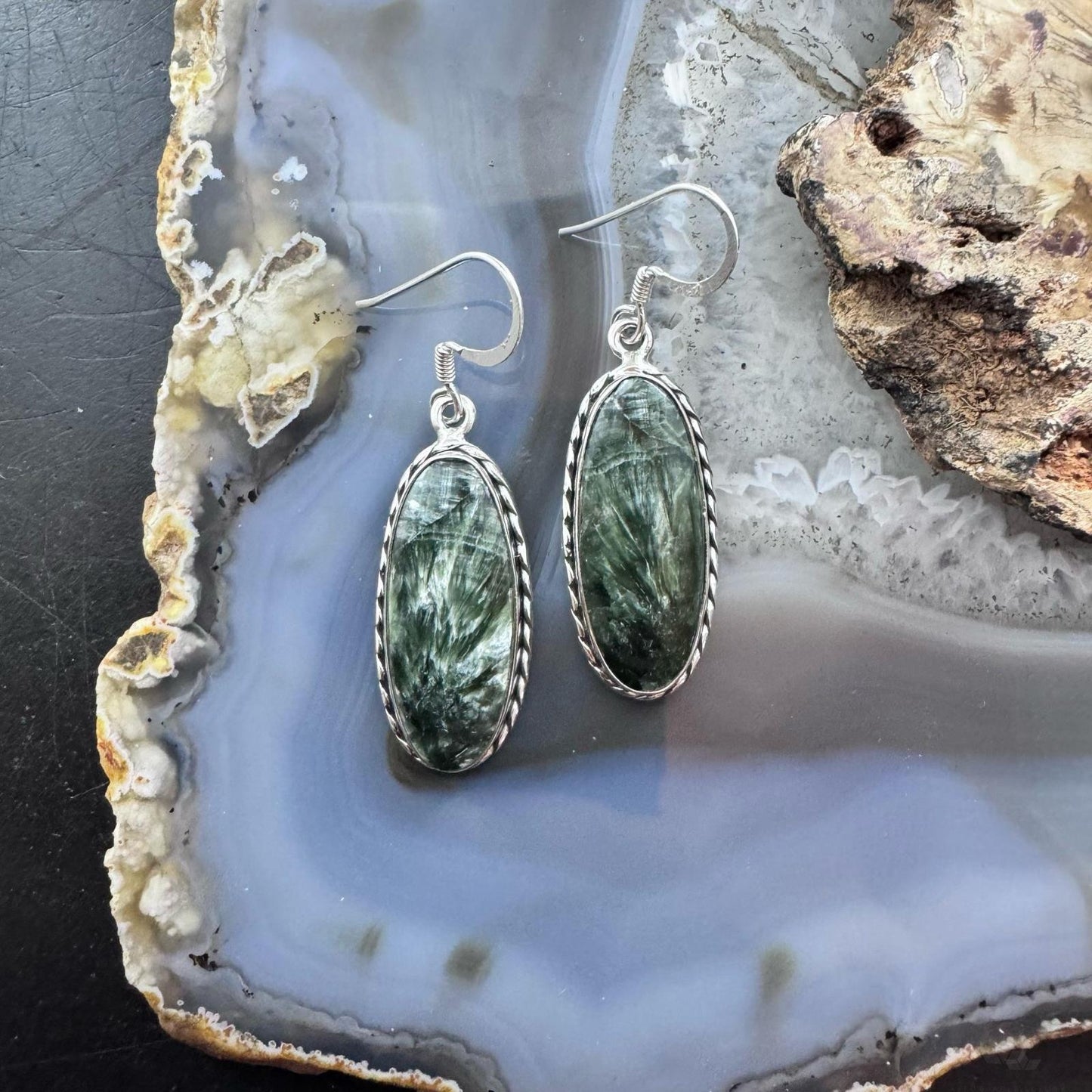 Sterling Silver Southwestern Style Elongated Oval Serpentine Dangle Earrings For Women