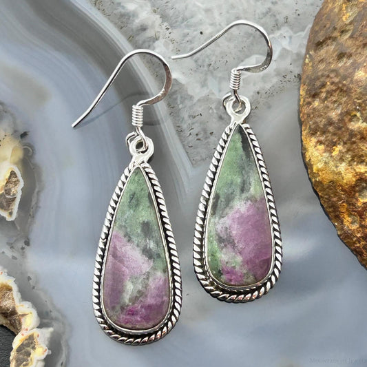Sterling Silver Southwestern Style Teardrop Ruby Zoisite Dangle Earrings For Women