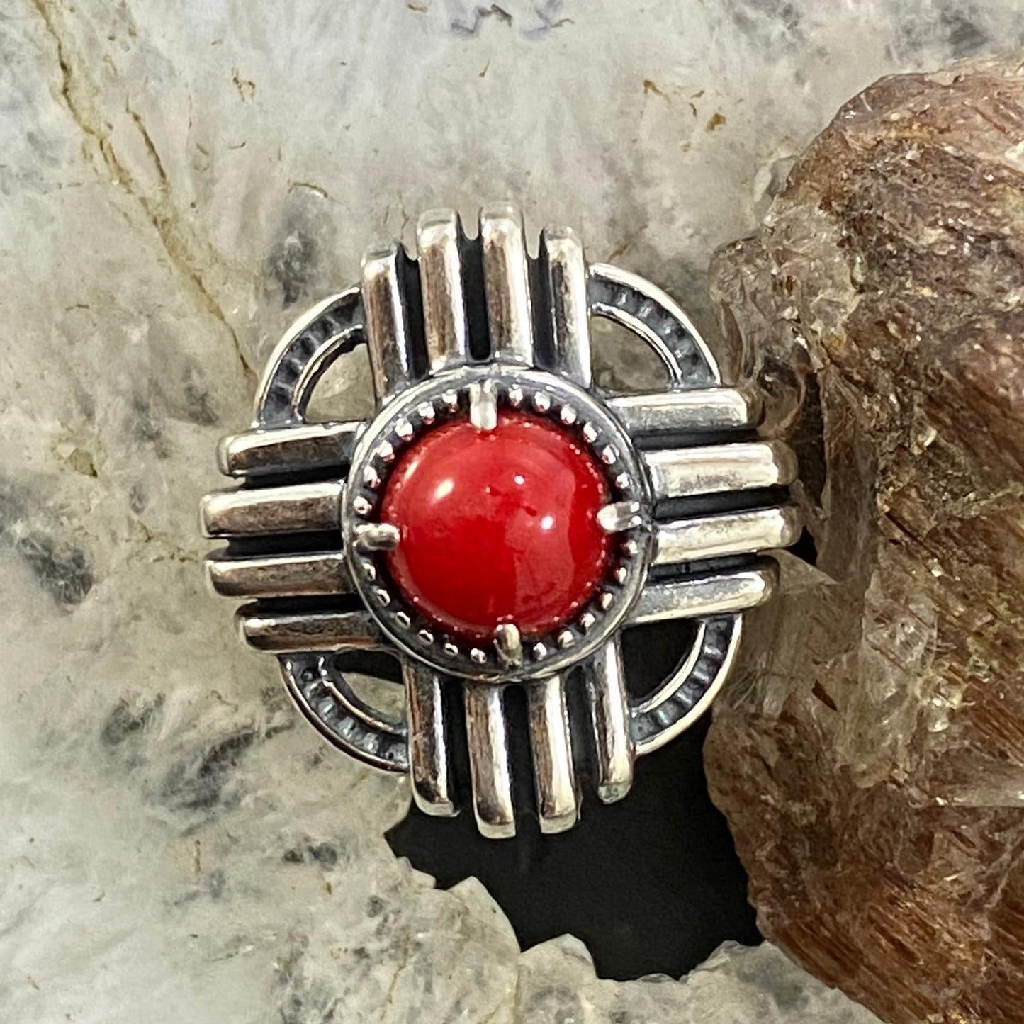 Carolyn Pollack Southwestern Style Sterling Silver Red Jasper Zia Symbol Ring For Women