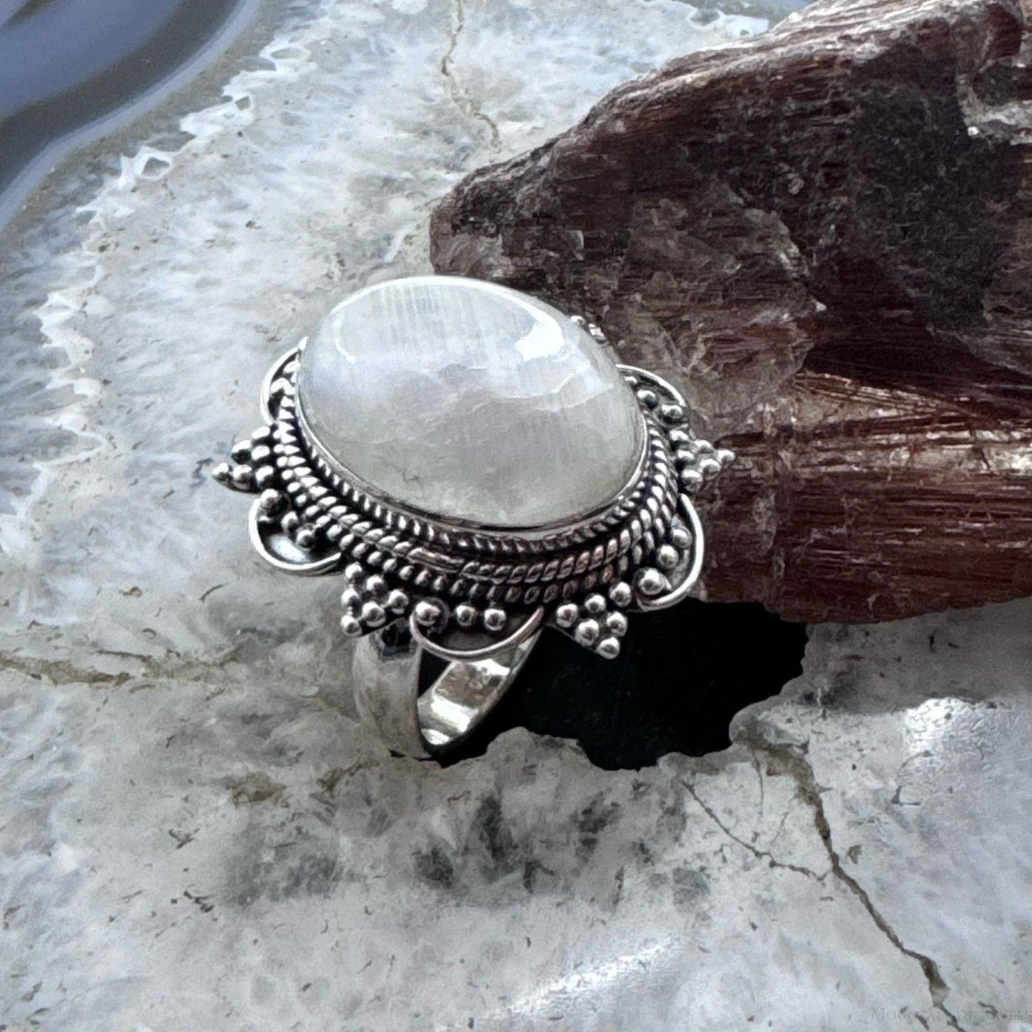 Sterling Silver Southwestern Style Oval Moonstone Decorated Ring Size 9 For Women