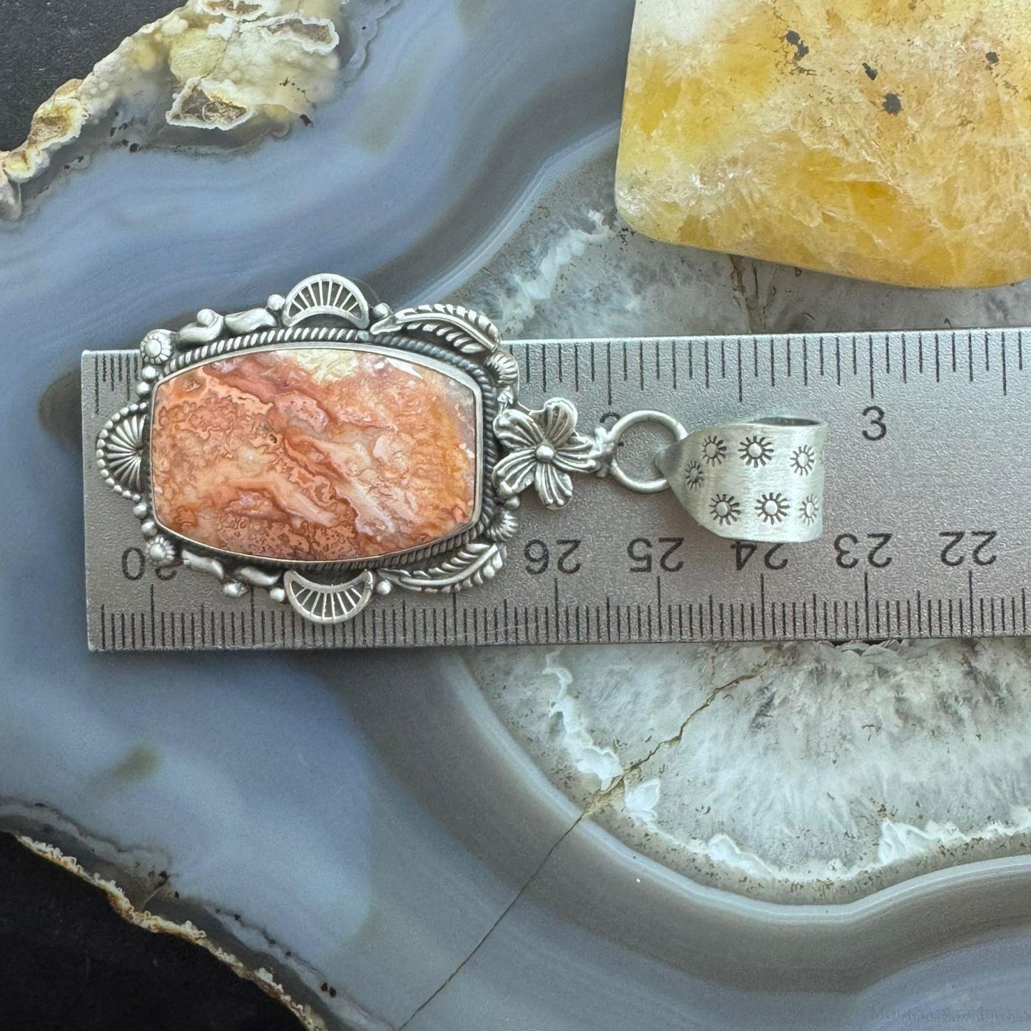 Sterling Silver Southwestern Style Rectangular Red Plum Decorated Pendant For Women