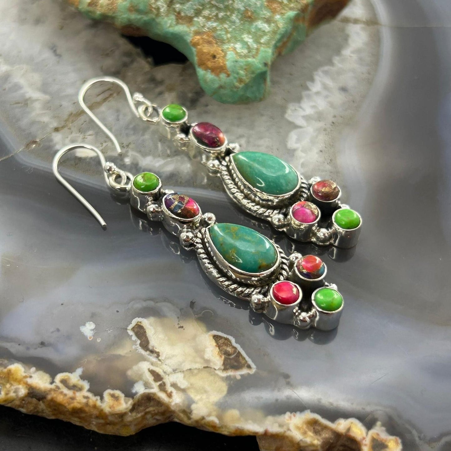 Sterling Silver Southwestern Style Multistone Dangle Earrings For Women
