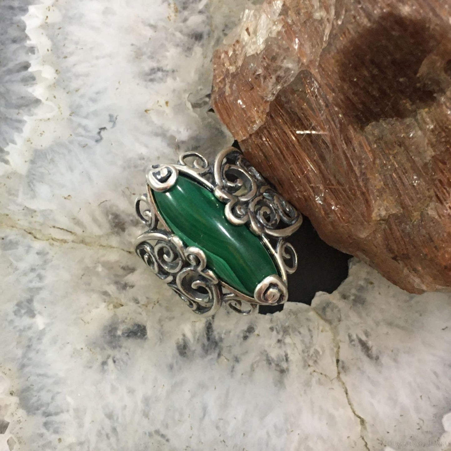 Carolyn Pollack Sterling Silver Marquise Malachite Decorated Ring For Women