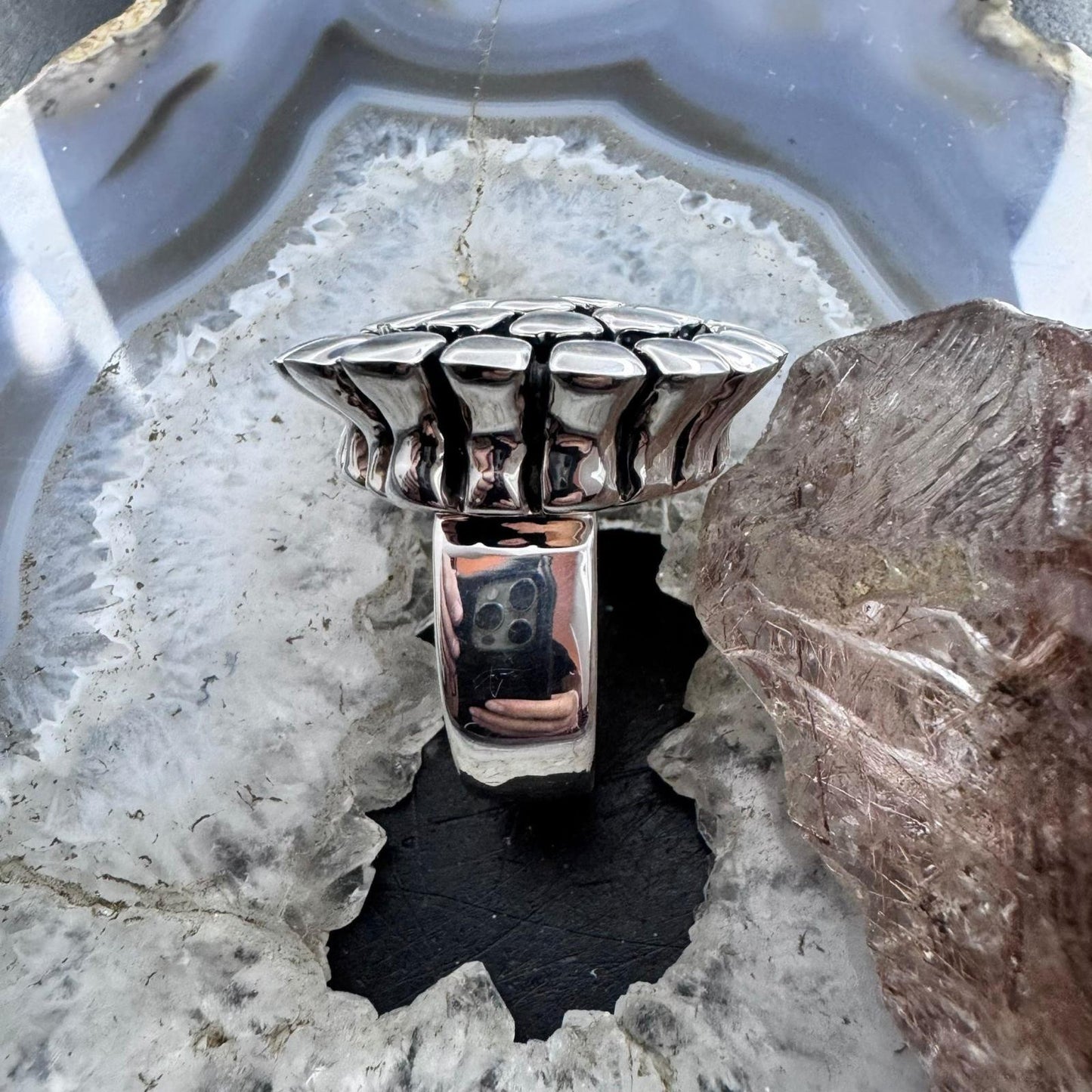 Sterling Silver Electroform Rounded Petals Flower Fashion Ring For Women, Taxco Mexico