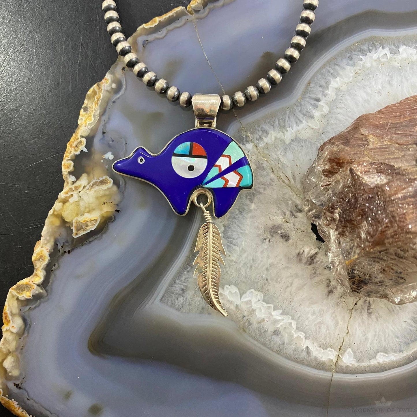 Native American Sterling Multistone Zuni Inlay Fetish Bear w/Feather Pendant