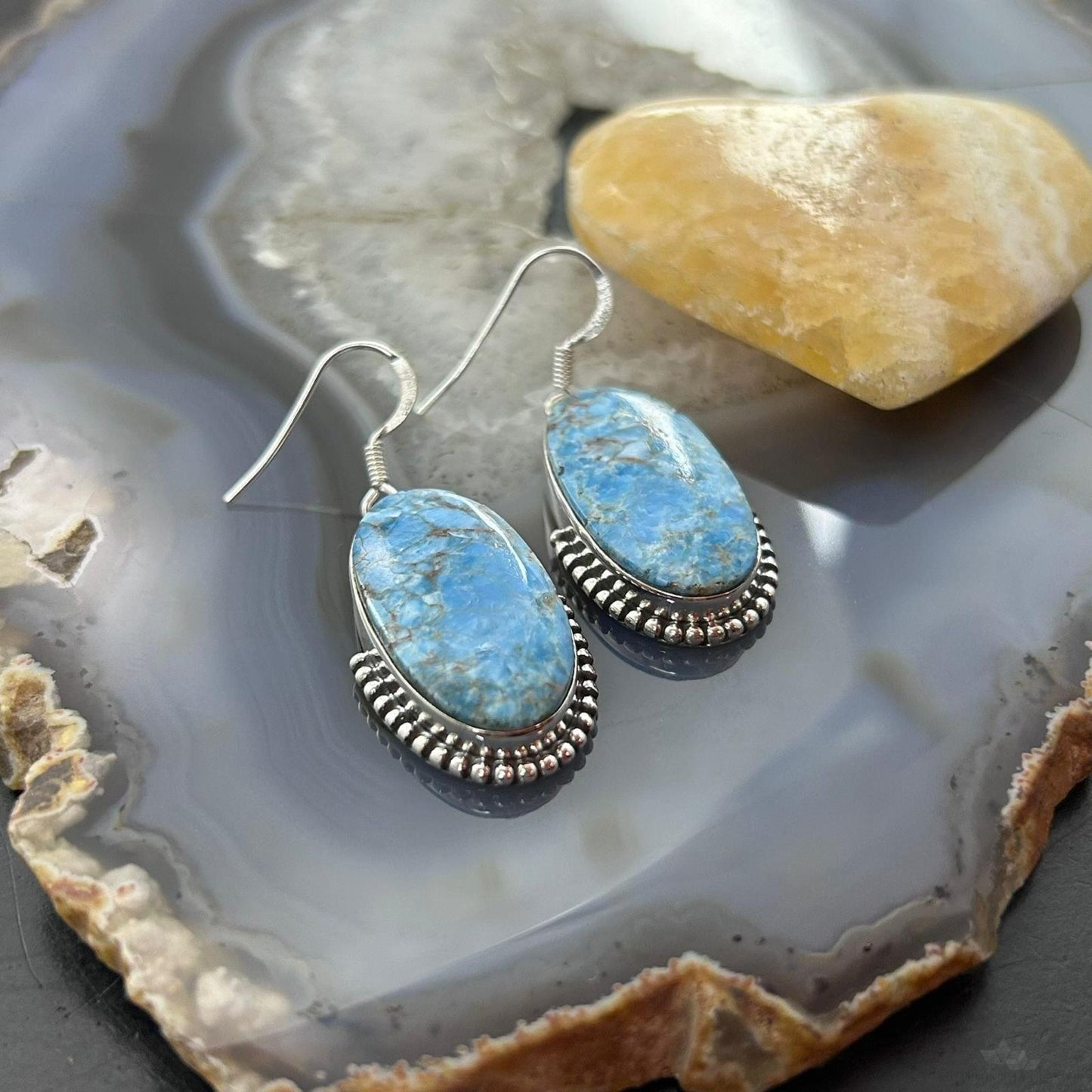 Sterling Silver Southwestern Style Oval Blue Apatite Dangle Earrings For Women
