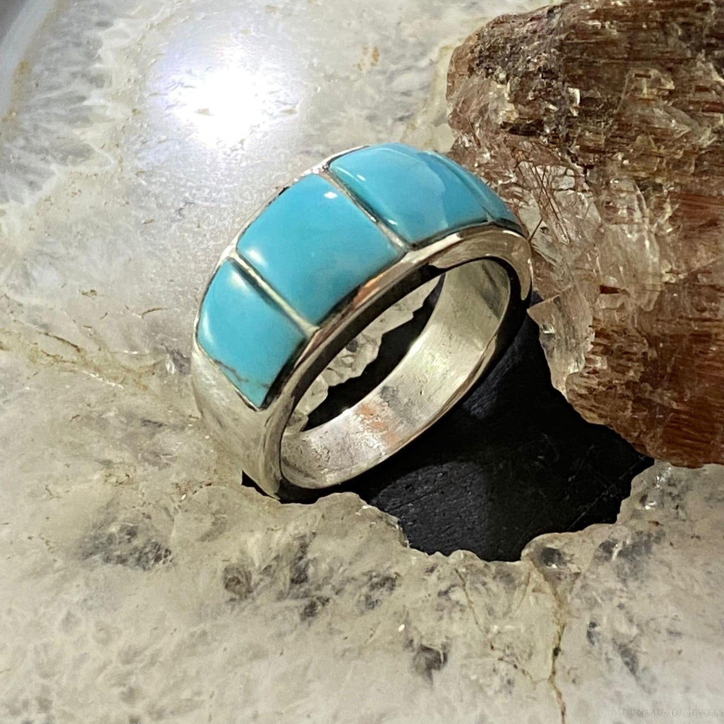 Native American Sterling Silver Blue Ridge Turquoise Graduated Band Ring Sz 8.5