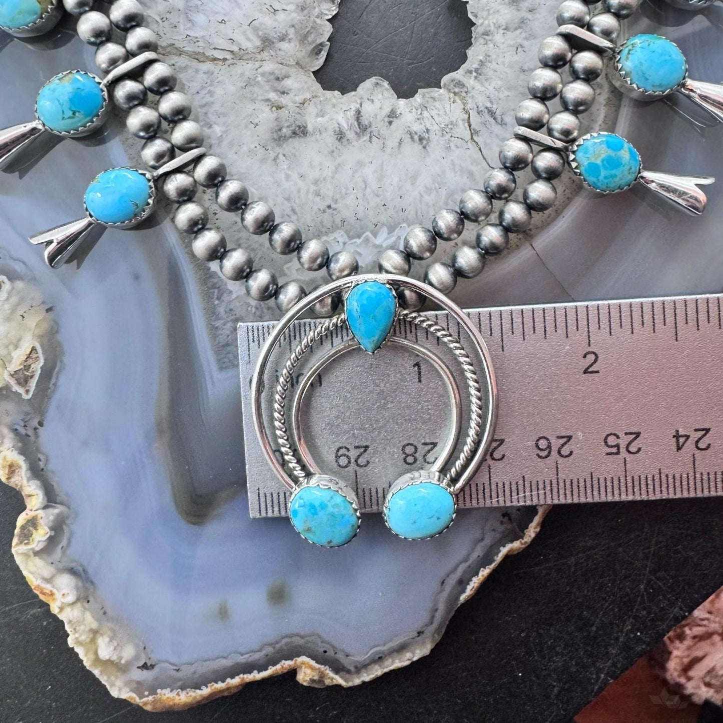 Sterling Silver Southwestern Style Turquoise Squash Blossom 18"-20" Necklace For Women