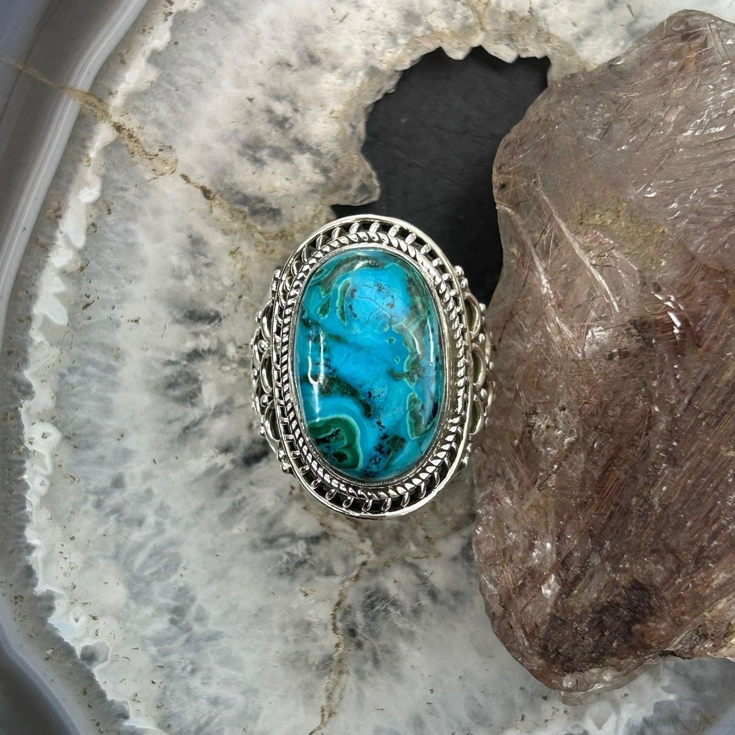 Sterling Silver Southwestern Style Oval Malachite Chrysocolla Ring Size 7.5 For Women