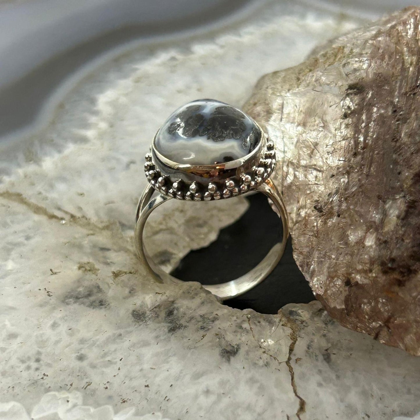Sterling Silver Southwestern Style Teardrop Parral Dendritic Agate Ring Size 8 For Women
