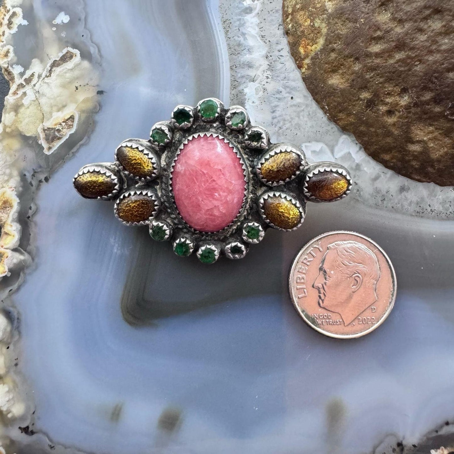 Ron Wesley Vintage Sterling Silver Southwestern Multi Gemstones Brooch For Women