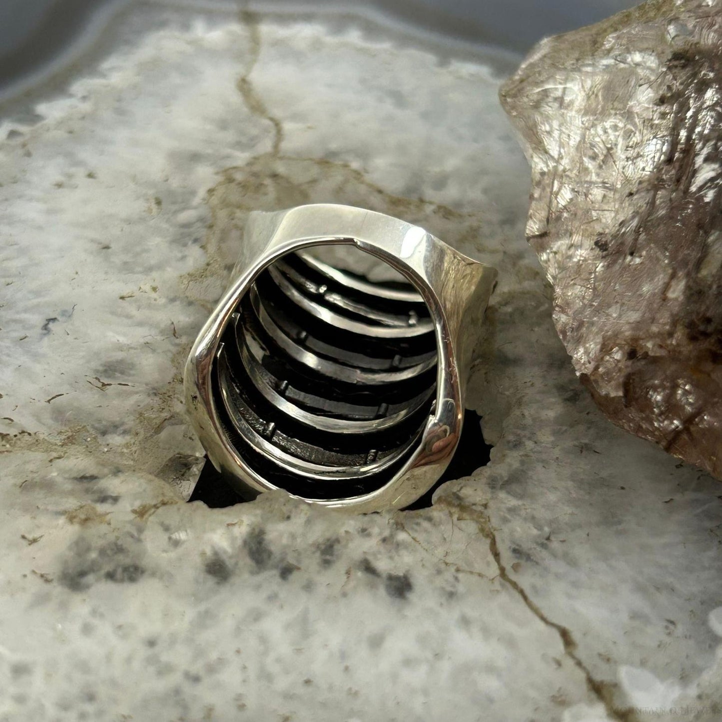 Sterling Silver Stripes Stacked Dome Modern Ring For Women, Taxco Mexico