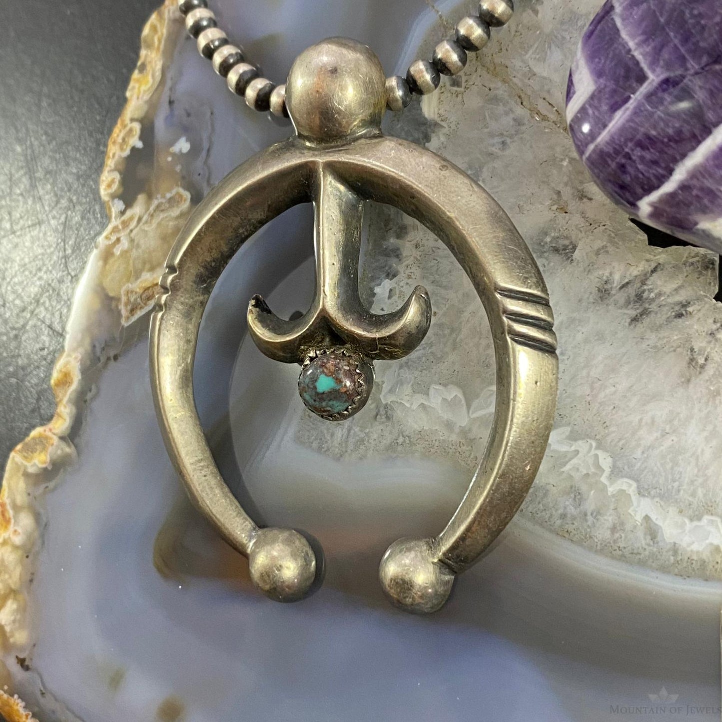 Vintage Signed Native American Sterling & Turquoise Sandcast Unisex Naja Pendant