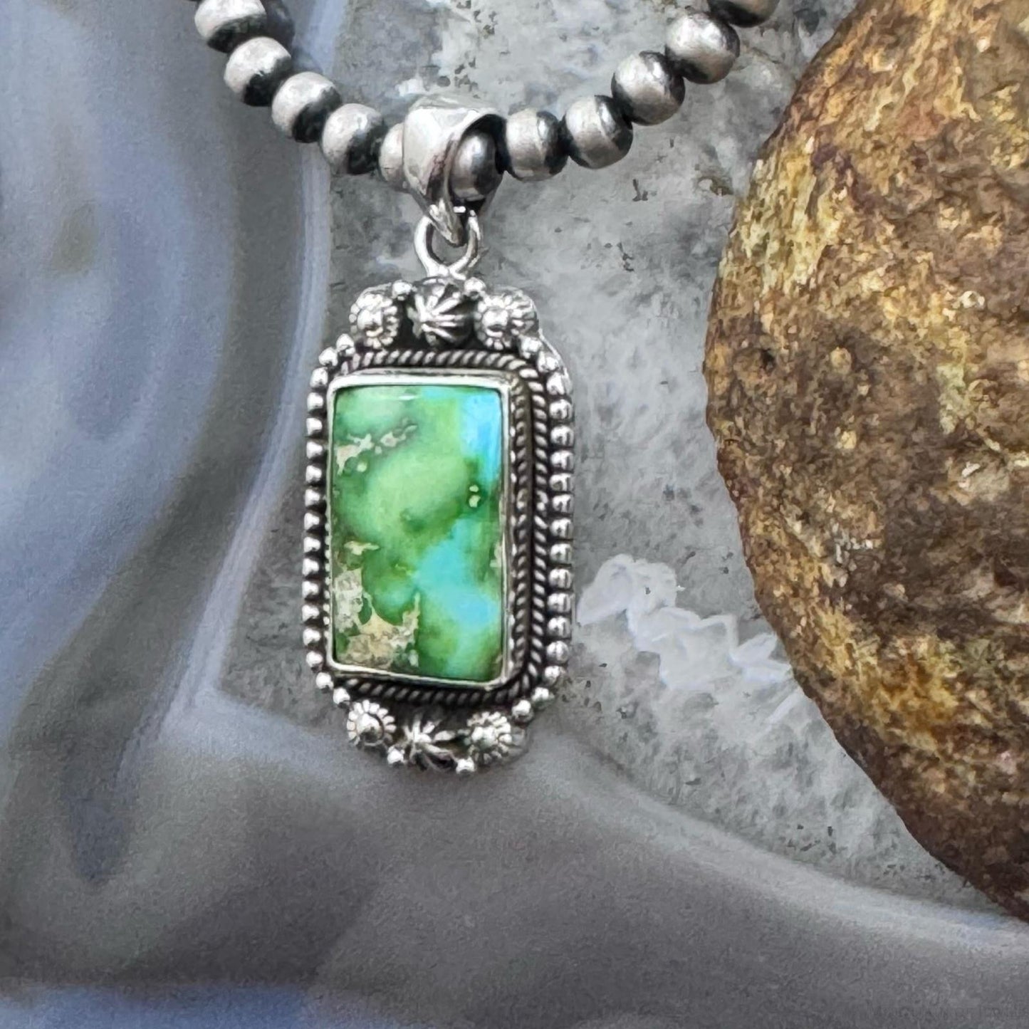 Sterling Silver Southwestern Style Rectangle Sonora Gold Turquoise Pendant For Women