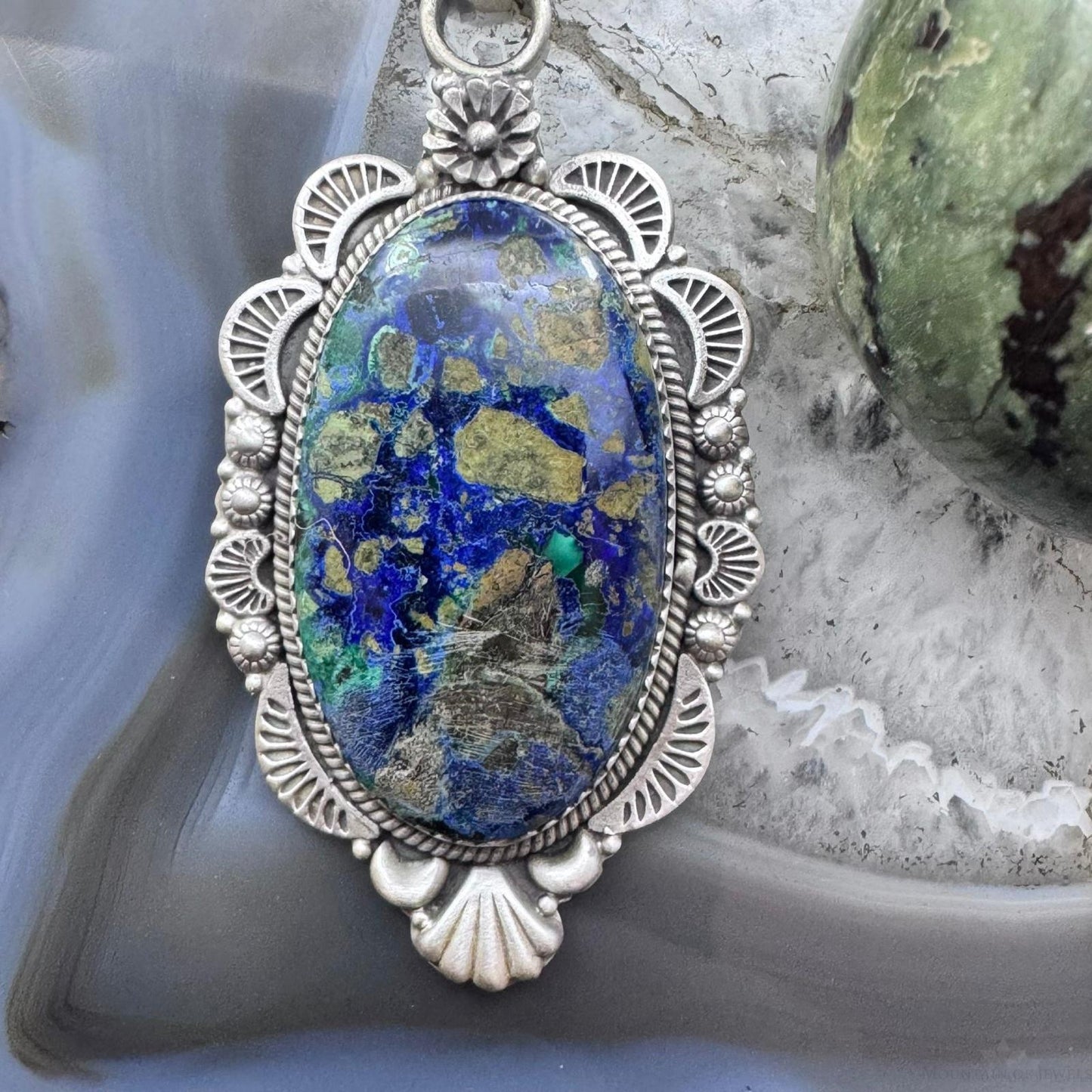 Sterling Silver Southwestern Style Elongated Oval Chrysocolla Decorated Pendant For Women