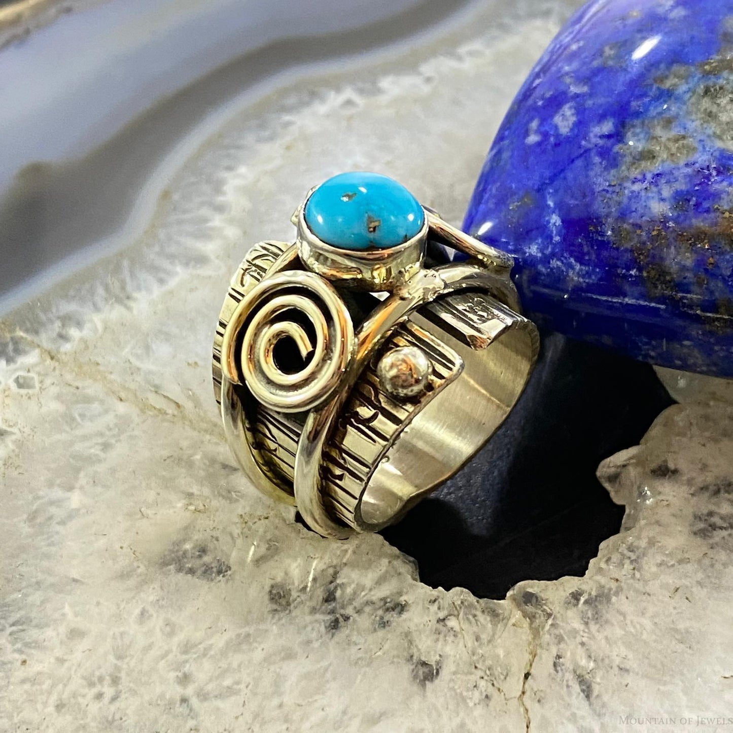 Alex Sanchez Sterling Silver Turquoise Petroglyph Band Ring Sz 8.5 For Women