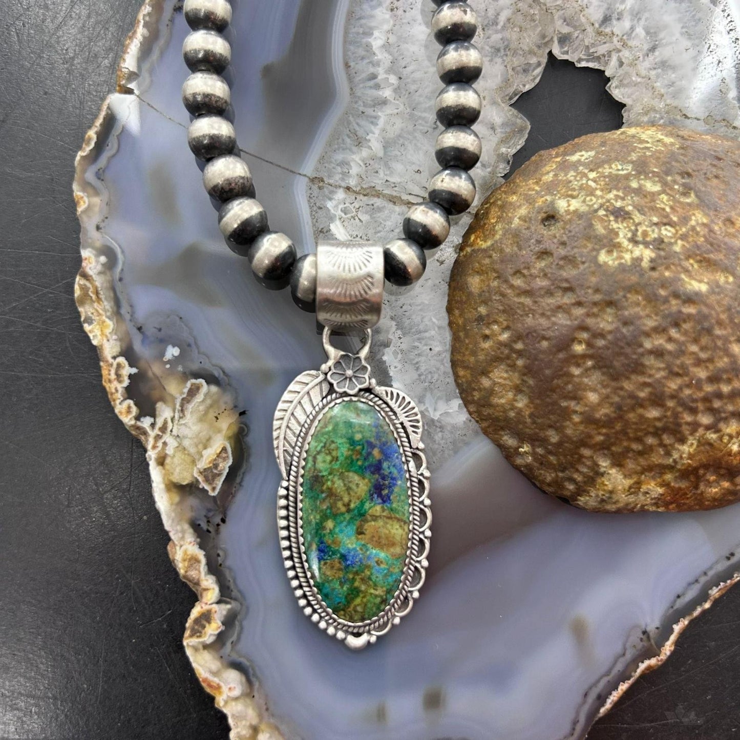 Sterling Silver Southwestern Style Elongated Chrysocolla Decorated Pendant For Women