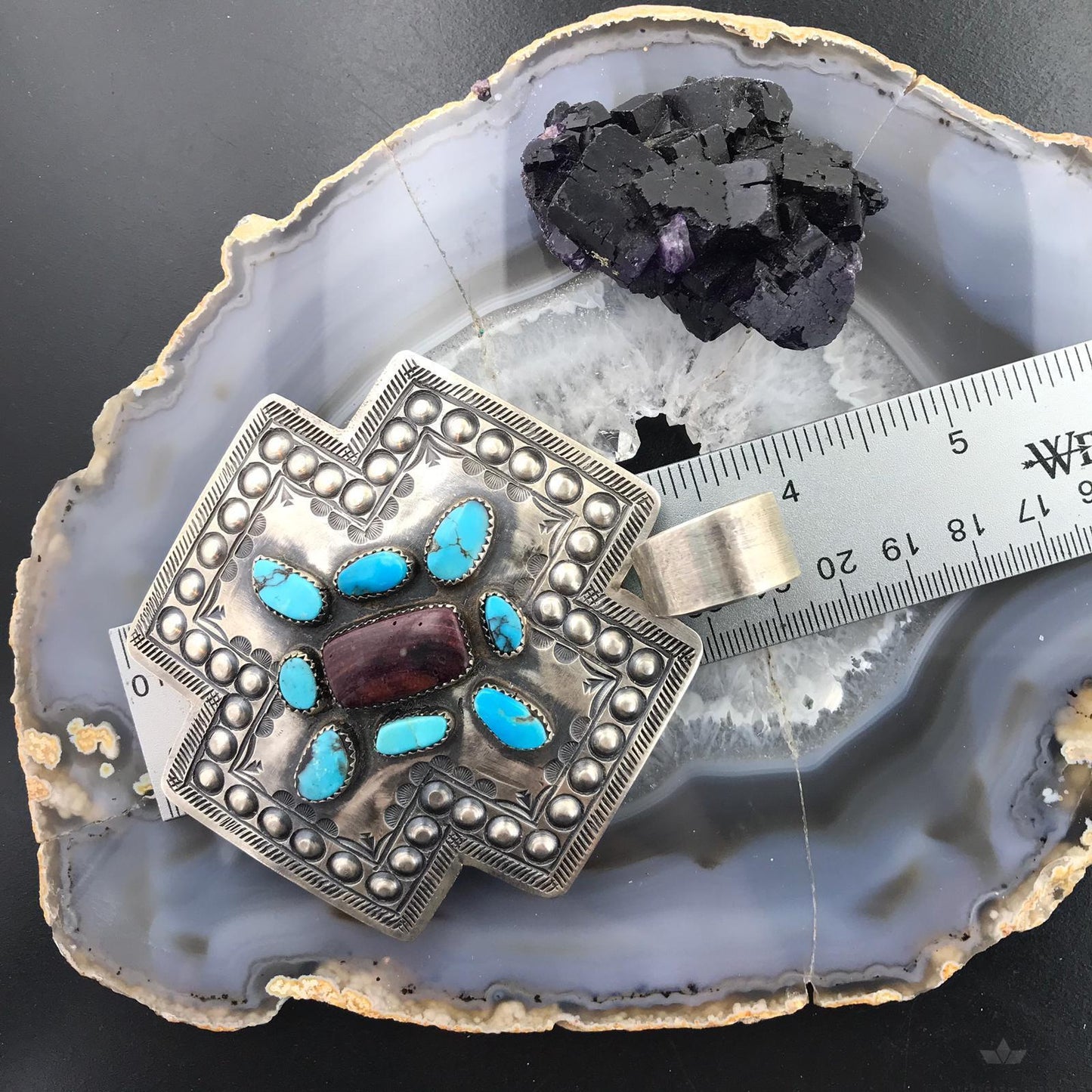 Shawn Cayatineto Native American Sterling Turquoise and Spiny Oyster Uni Pendant