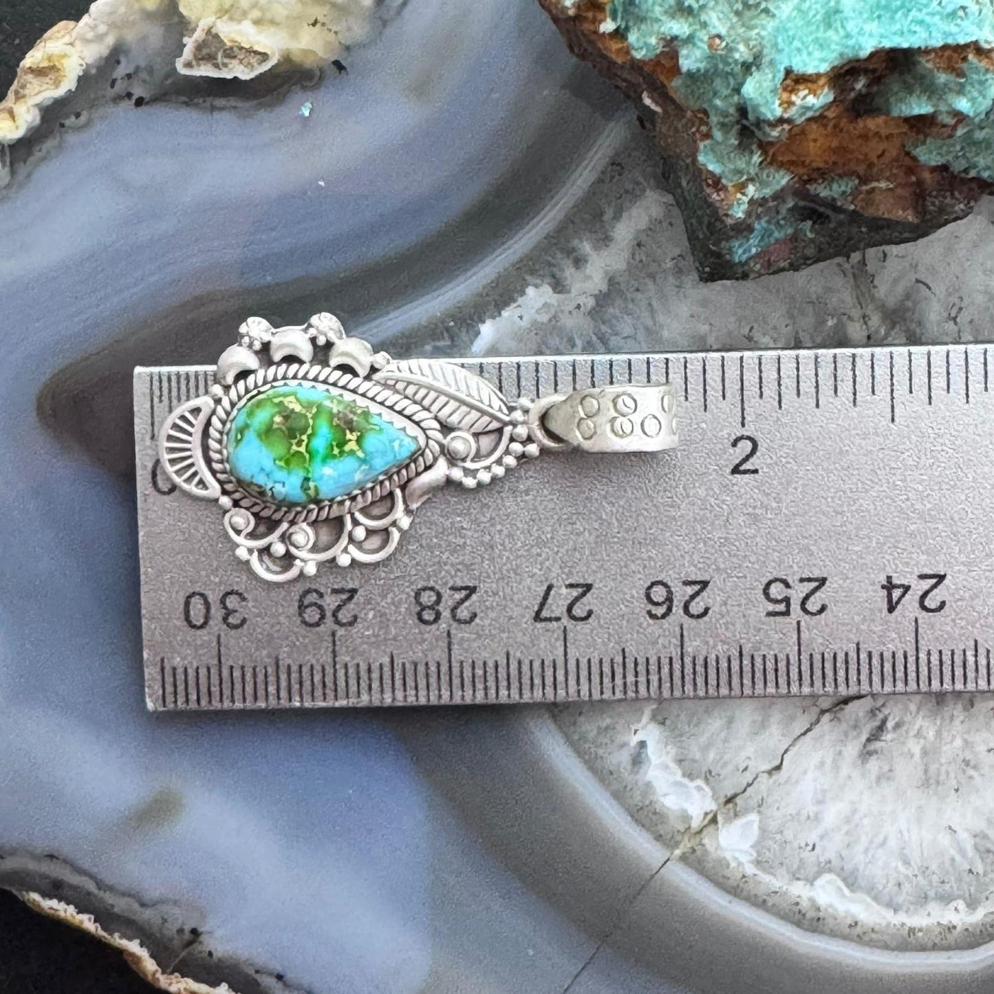 Sterling Silver Southwestern Style Teardrop Sonora Gold Turquoise Decorated Pendant For Women