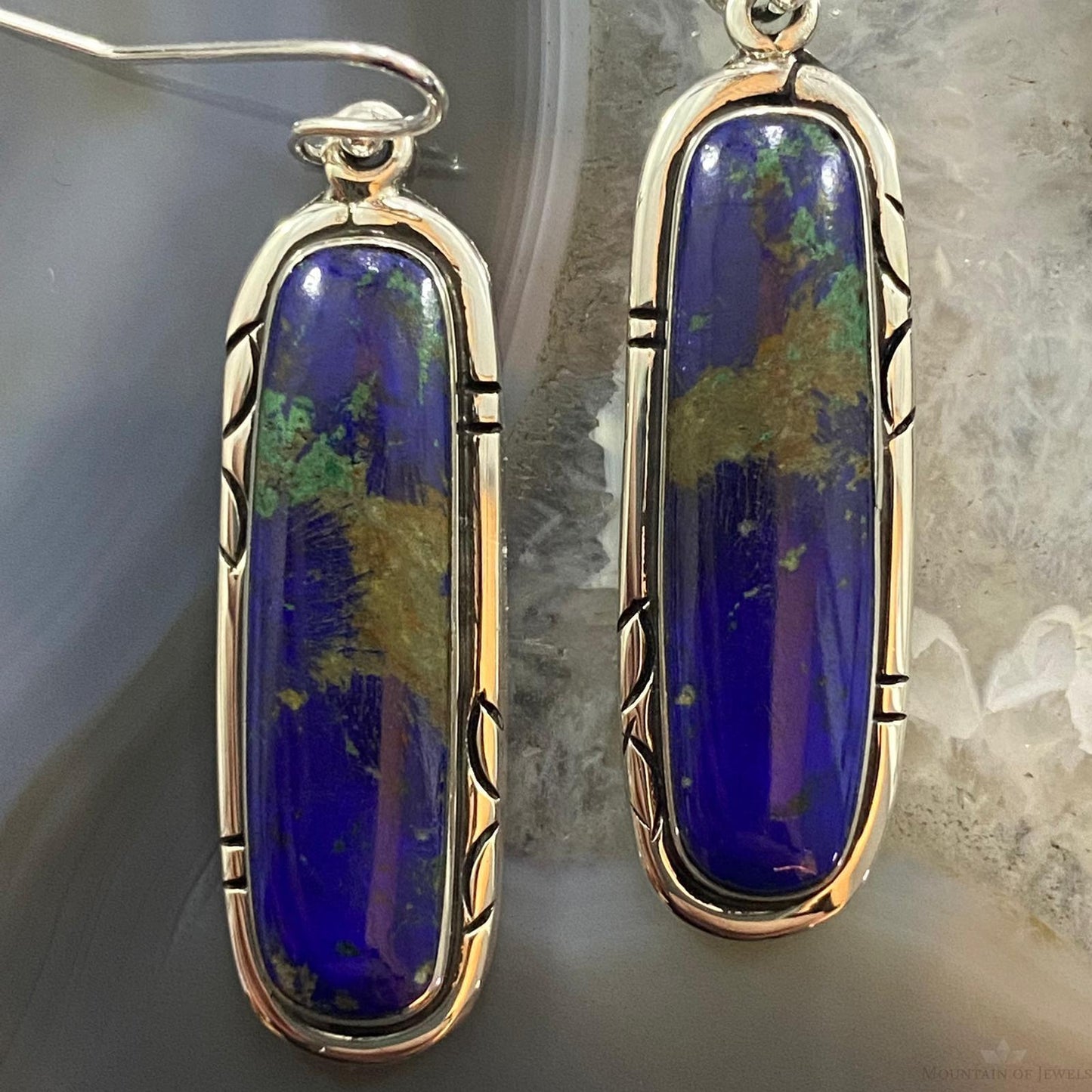 Native American Sterling Silver Oval Azurite Malachite Dangle Earrings For Women