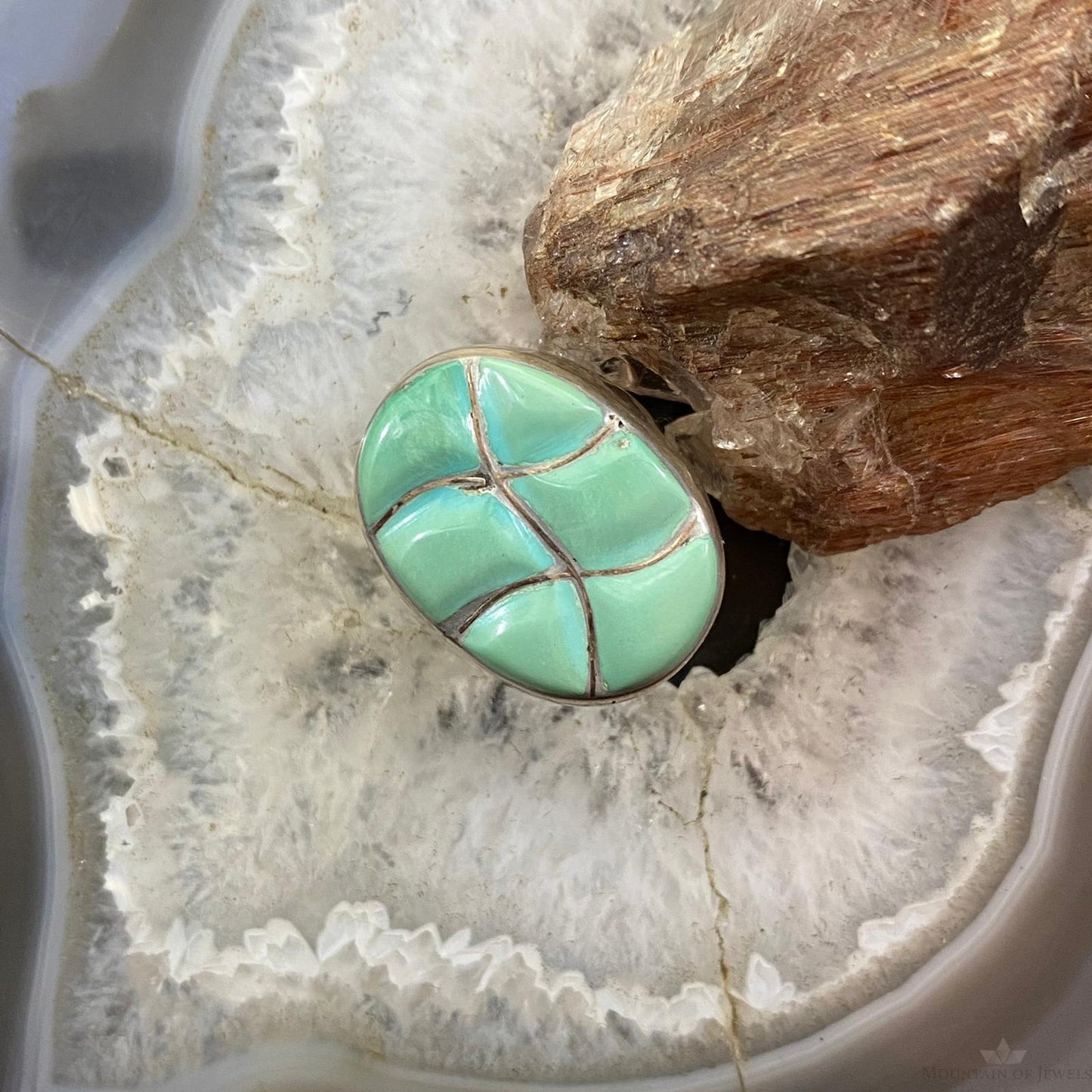 Native American Silver Oval Turquoise Inlay Unisex Shield Ring Size 9