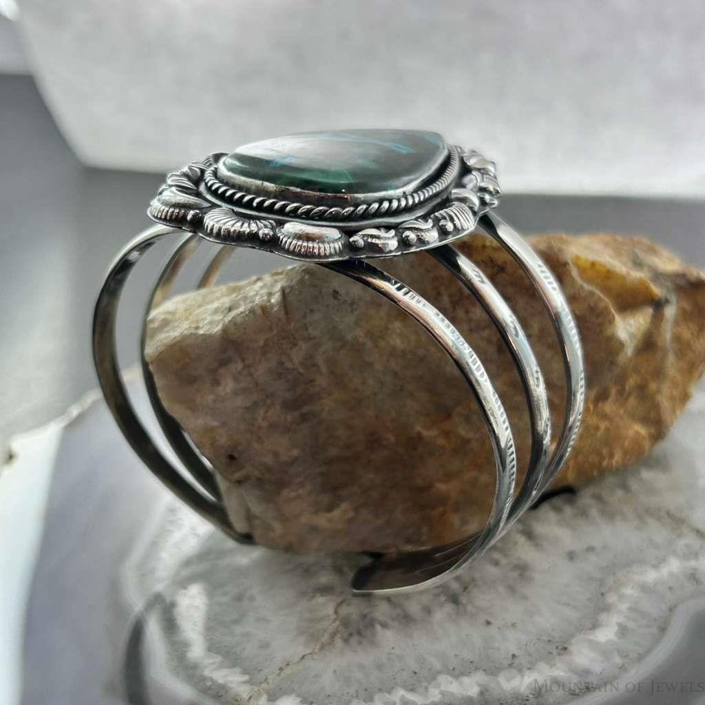 Sterling Silver Southwestern Style Large Teardrop Azurite Malachite Bracelet For Women