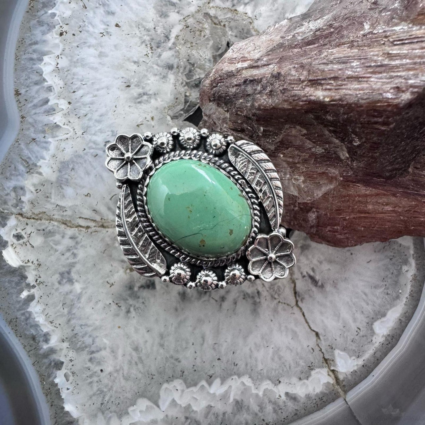 Sterling Silver Southwestern Style Oval Green Turquoise Adjustable Decorated Ring For Women