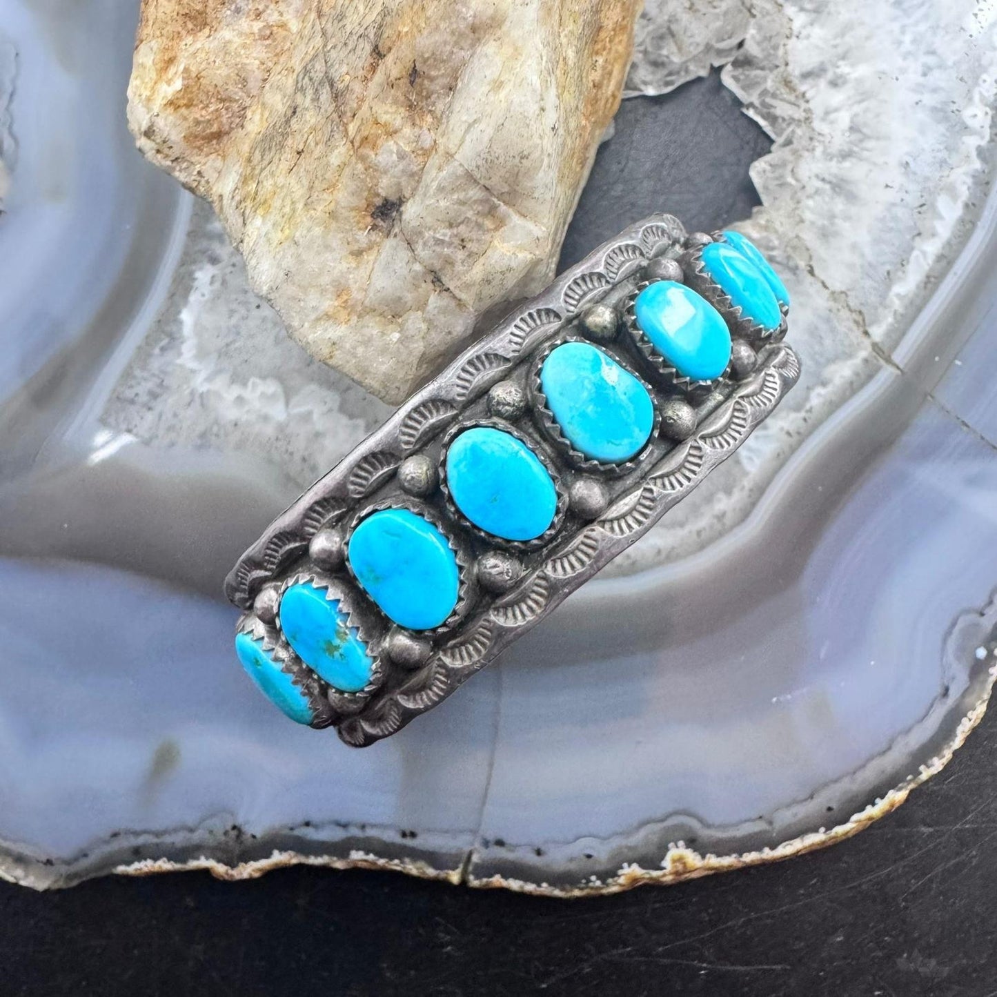 Tim Yazzie Vintage Native American Sterling Silver Turquoise Row Bracelet For Women