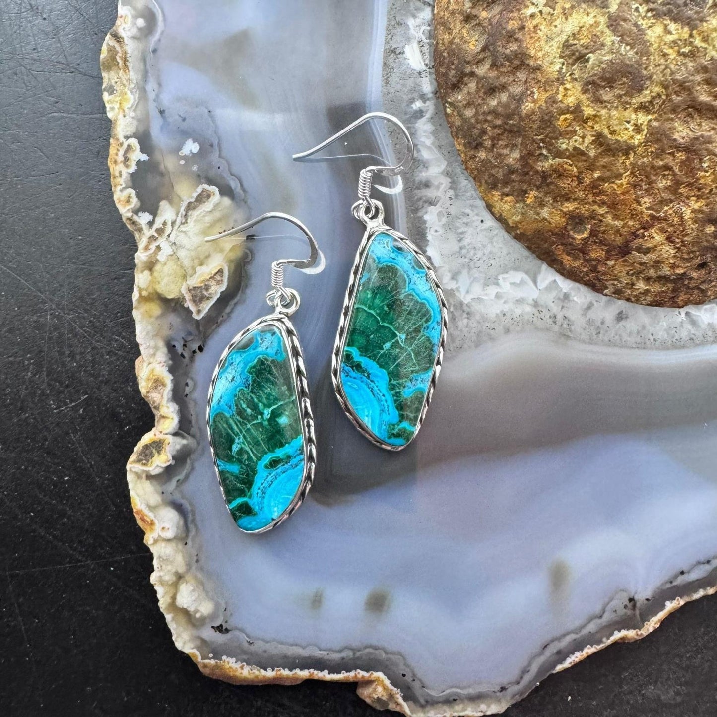 Sterling Silver Southwestern Style Tilde Malachite Azurite Dangle Earrings For Women