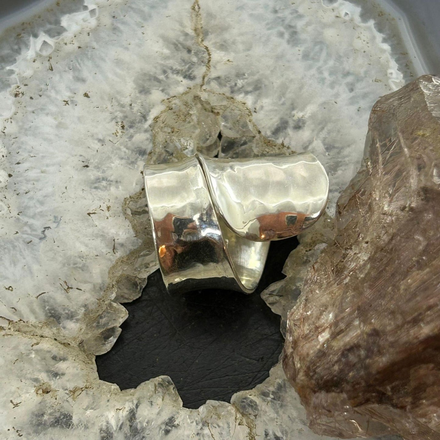Sterling Silver Hammered Wide Warp Around Fashion Ring For Women, Taxco Mexico