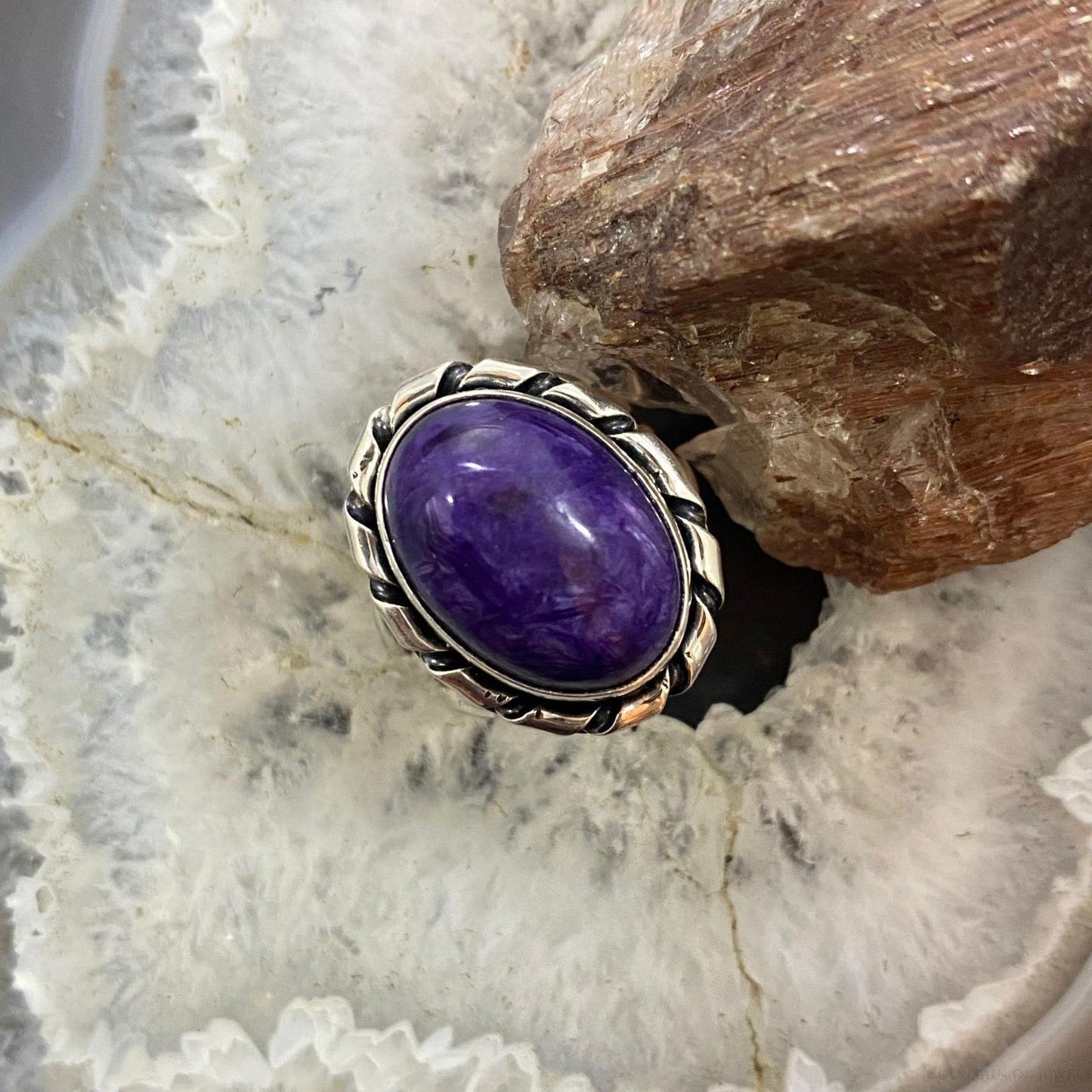 Native American Sterling Silver Oval Charoite Decorated Ring Size 8.5 For Women