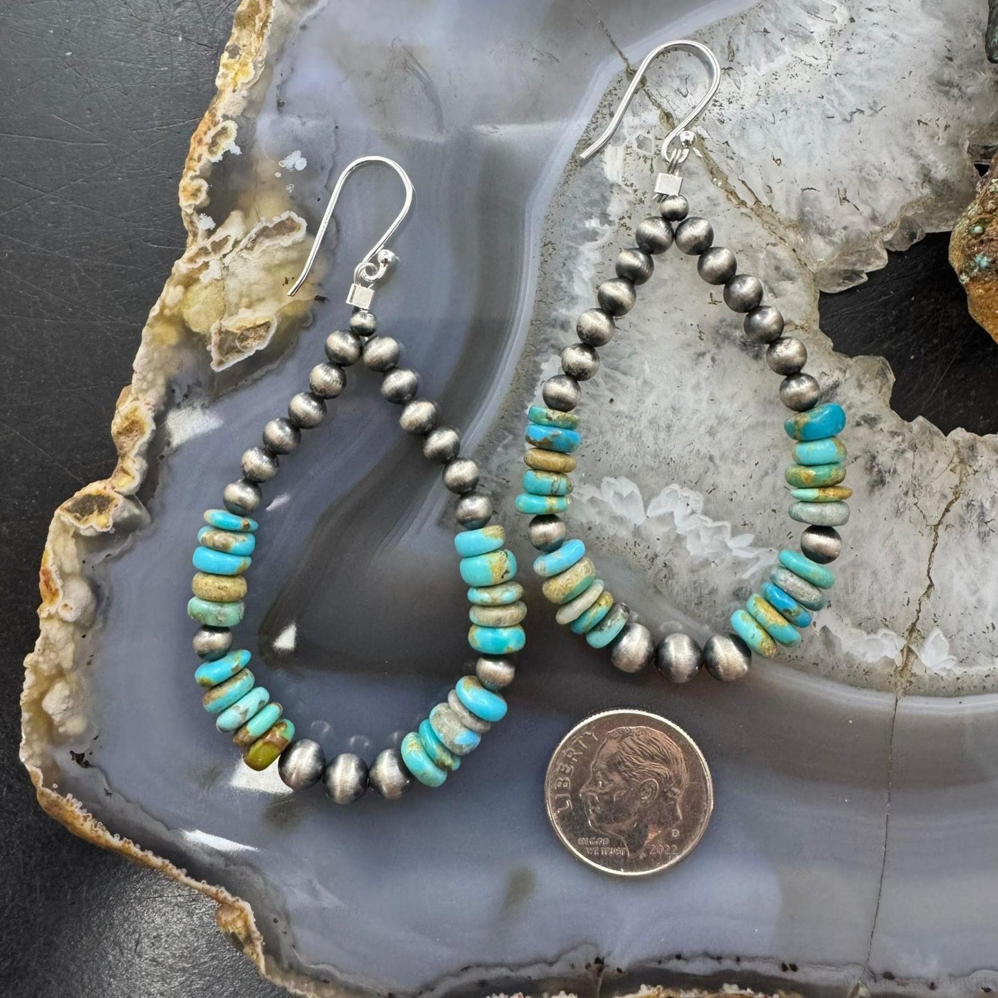 Sterling Silver 4mm Navajo Pearl Southwester Style & 6mm Turquoise Bead Hoop Earrings For Women