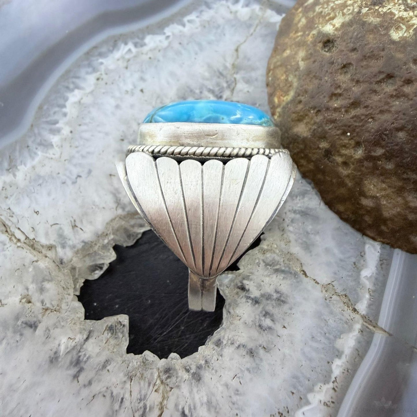 Native American Sterling Silver Oval Kingman Turquoise Shield Ring Size 11.25 For Men