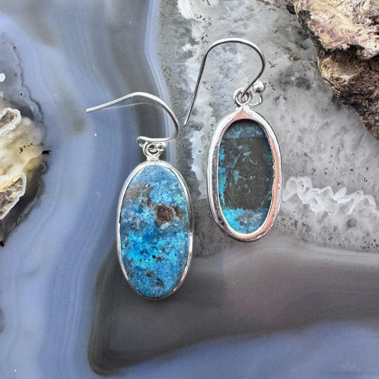 Sterling Silver Southwestern Style Oval Shattuckite Dangle Earrings For Women