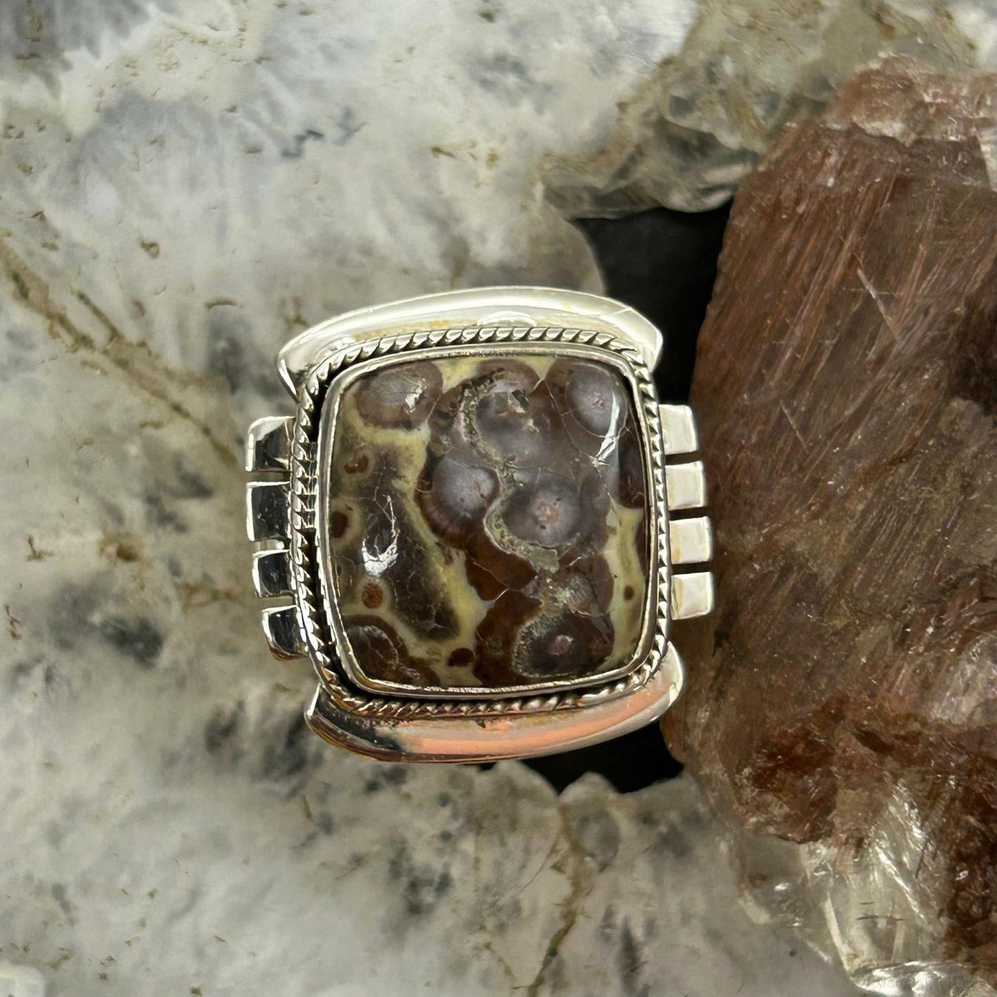 Sterling Silver Southwestern Style Square Asteroid Jasper Ring Size 8.25 For Women