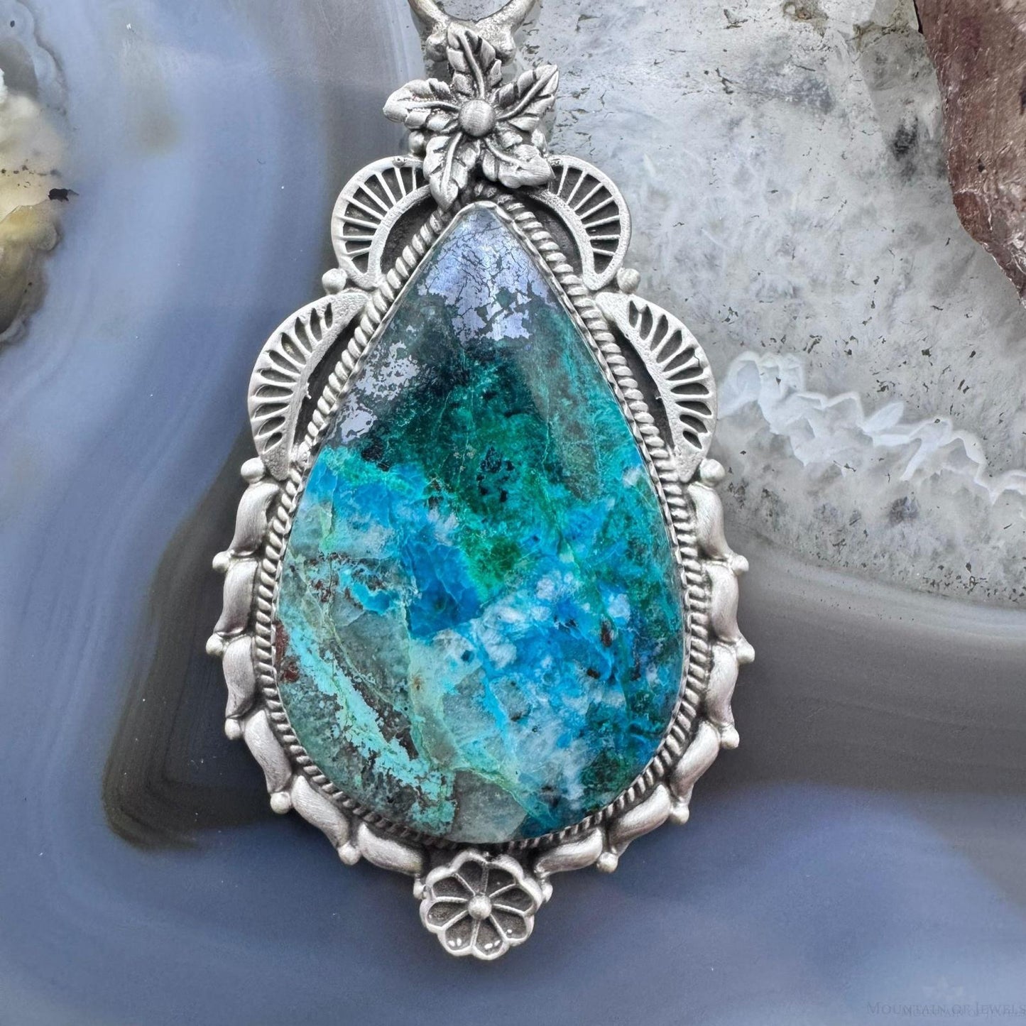 Sterling Silver Southwestern Style Elongated Teardrop Shattuckite Decorated Pendant For Women