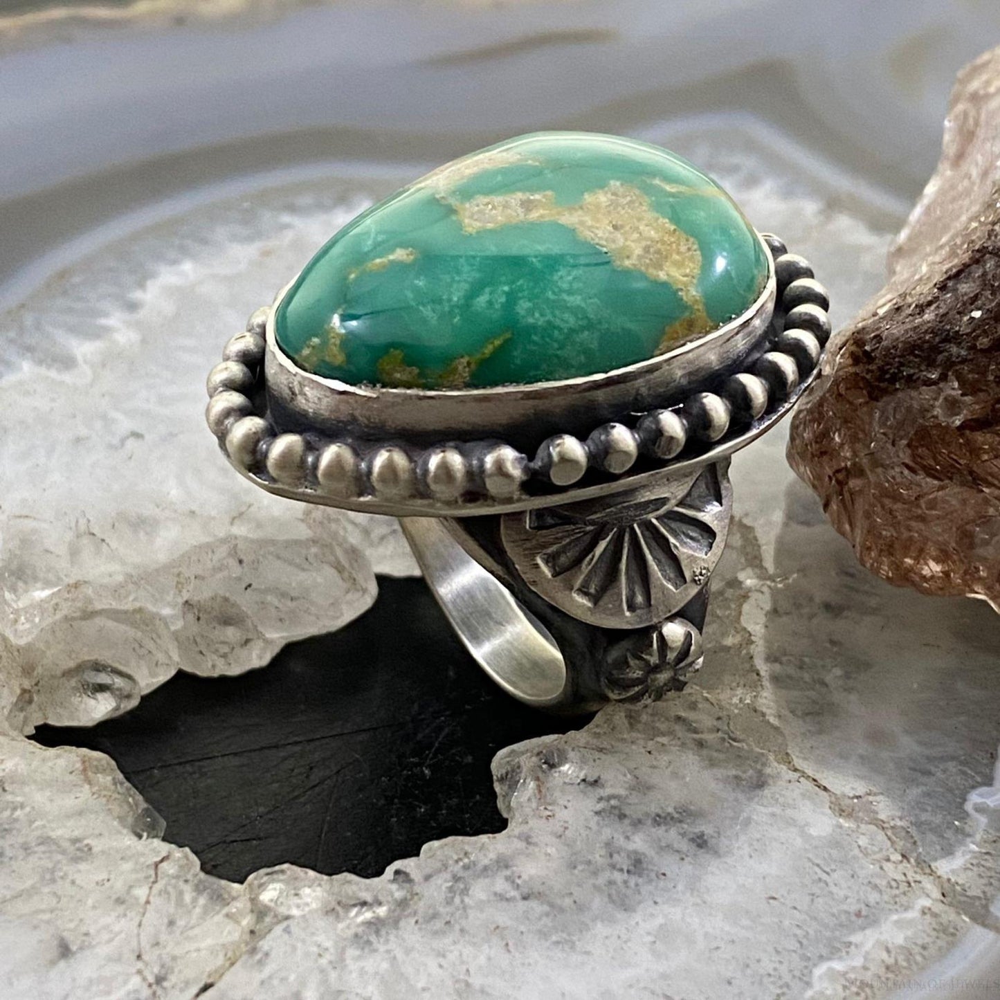 Native American Sterling Silver Turquoise Decorated Ring Size 8 For Women