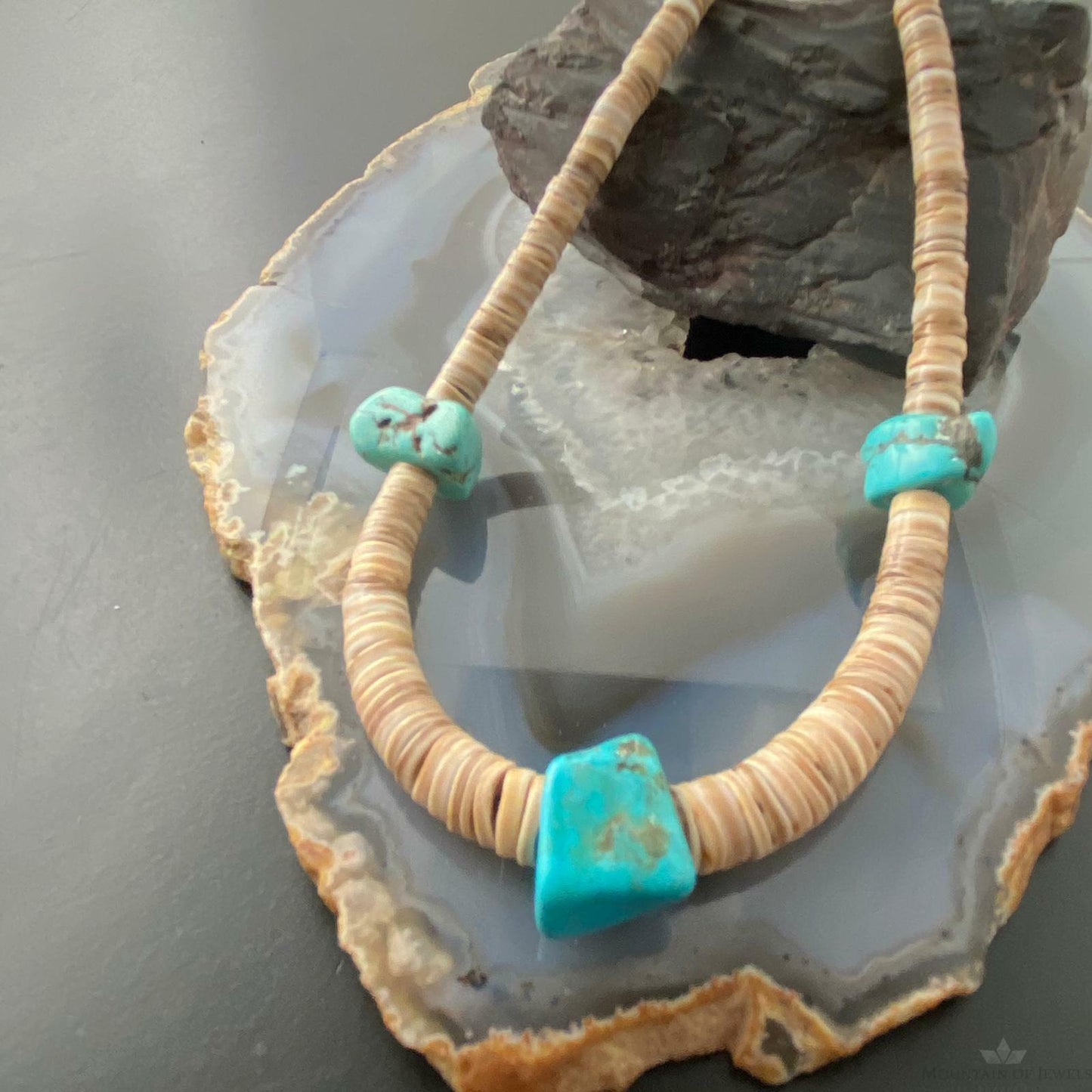 Vintage Native American Heishi Sea Shell Disk and Chunky Turquoise Necklace