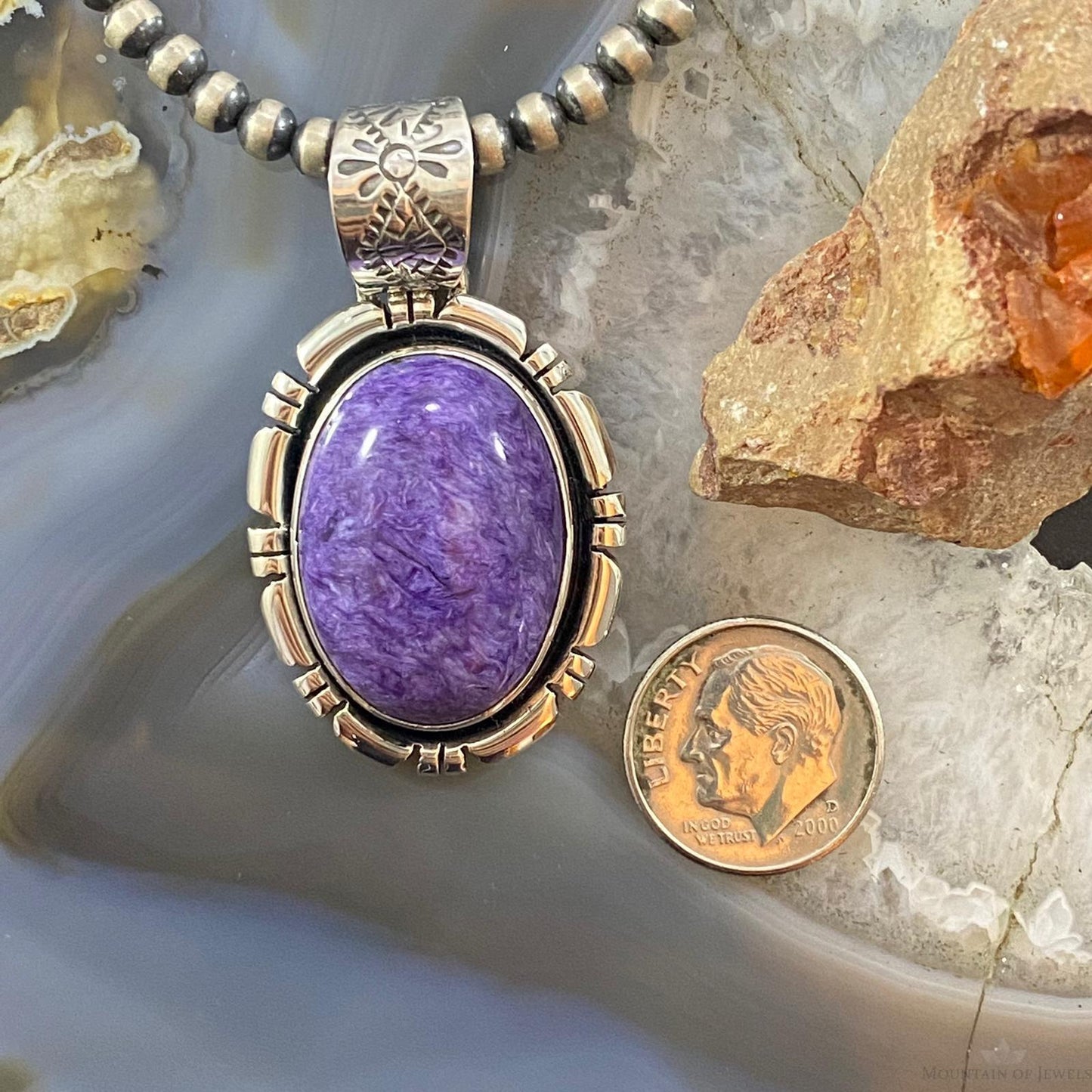 Native American Sterling Silver Oval Charoite Decorated Pendant For Women
