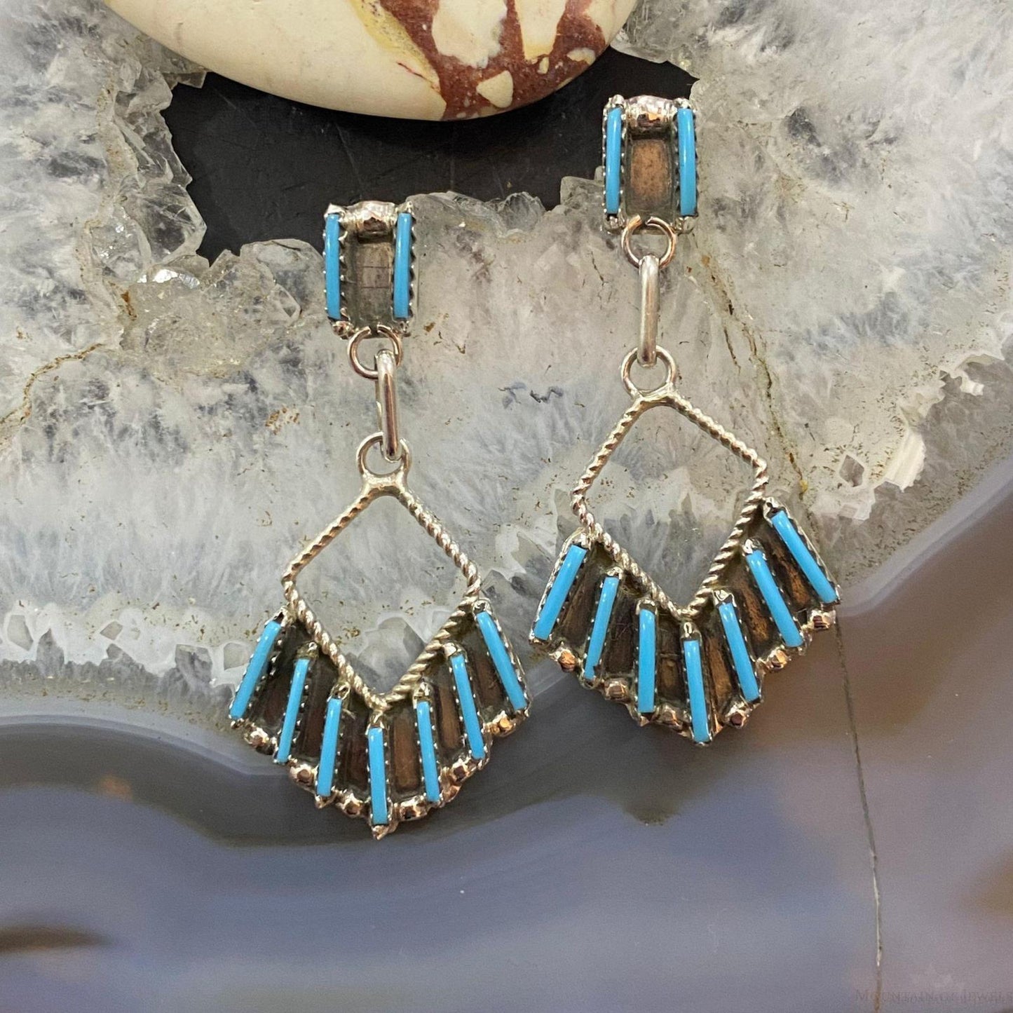 Davis Kaamasee Zuni Sterling Turquoise Needlepoint Dangle Earrings For Women