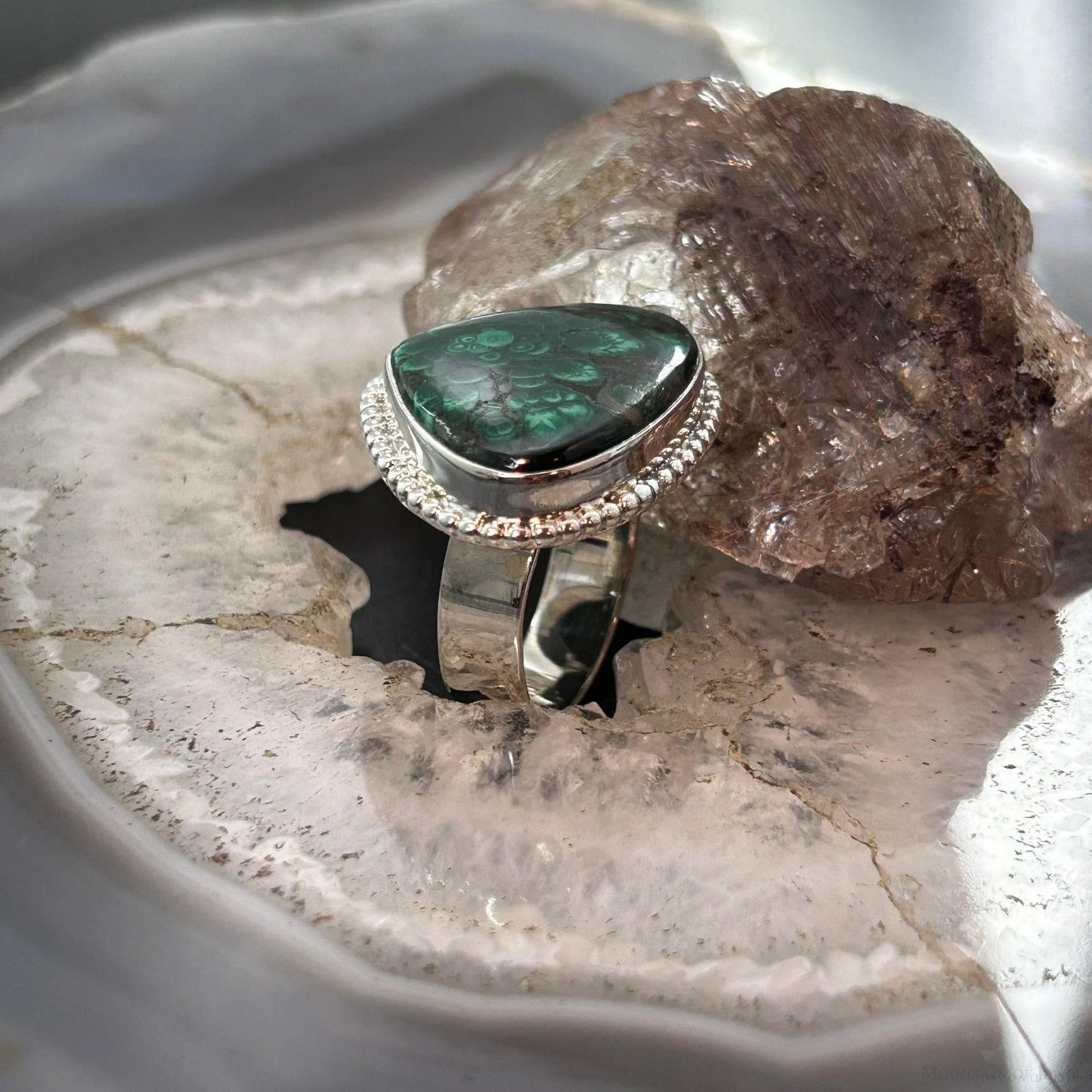 Sterling Silver Southwestern Style Wide Triangle Malachite Ring Size 9 For Women