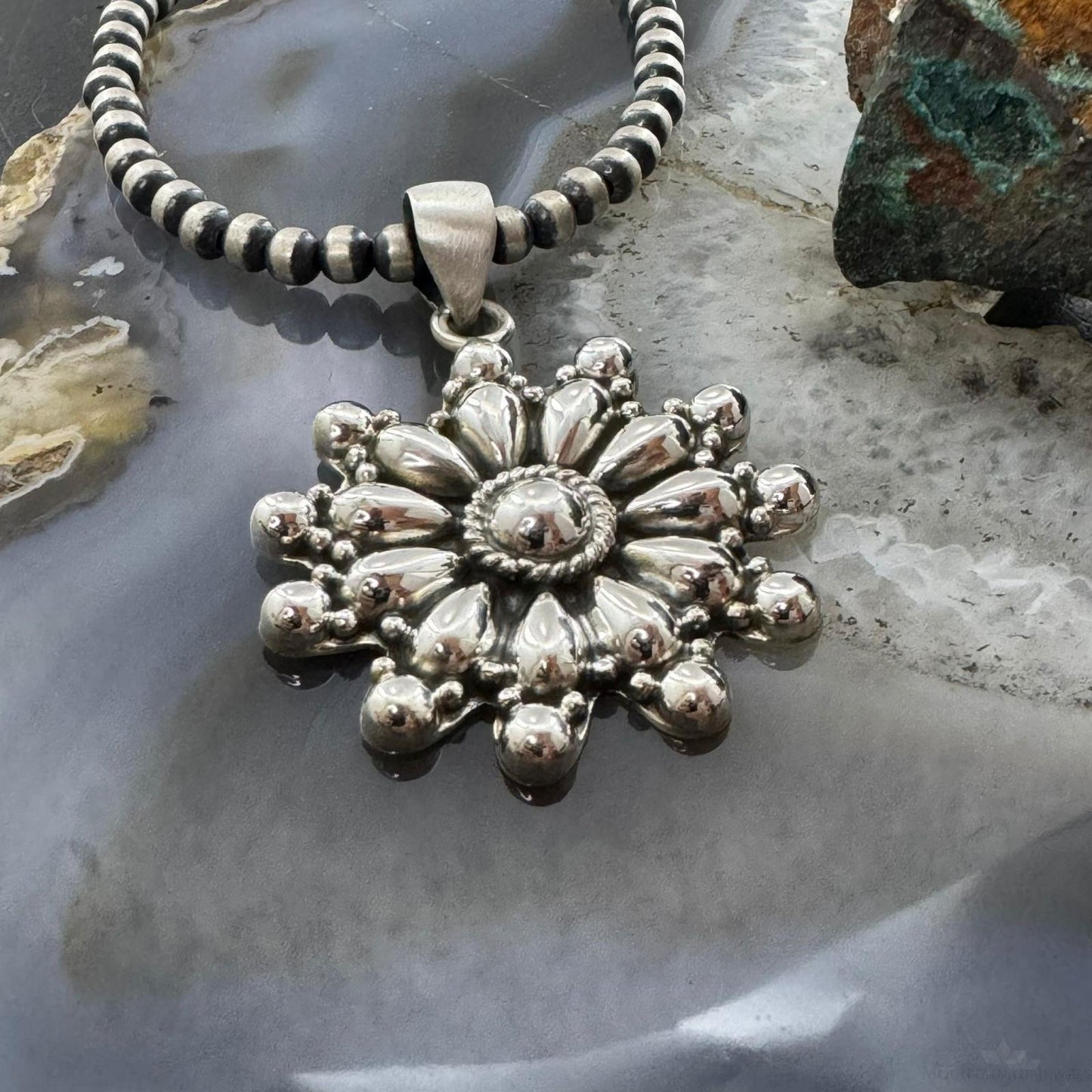 Southwestern Style Sterling Silver Decorated Cluster Floral Pendant For Women