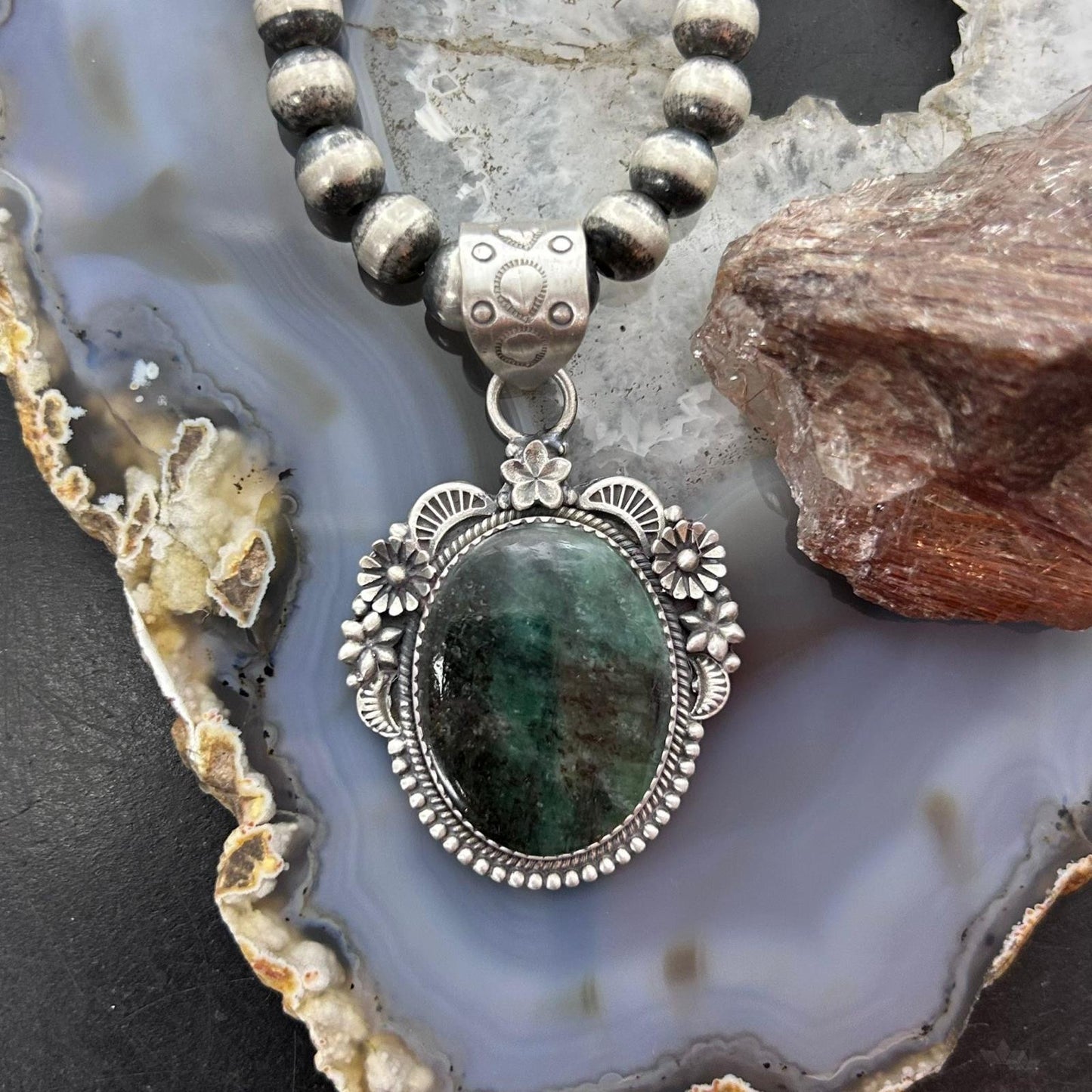Sterling Silver Southwestern Style Oval Dark Emerald Decorated Pendant For Women