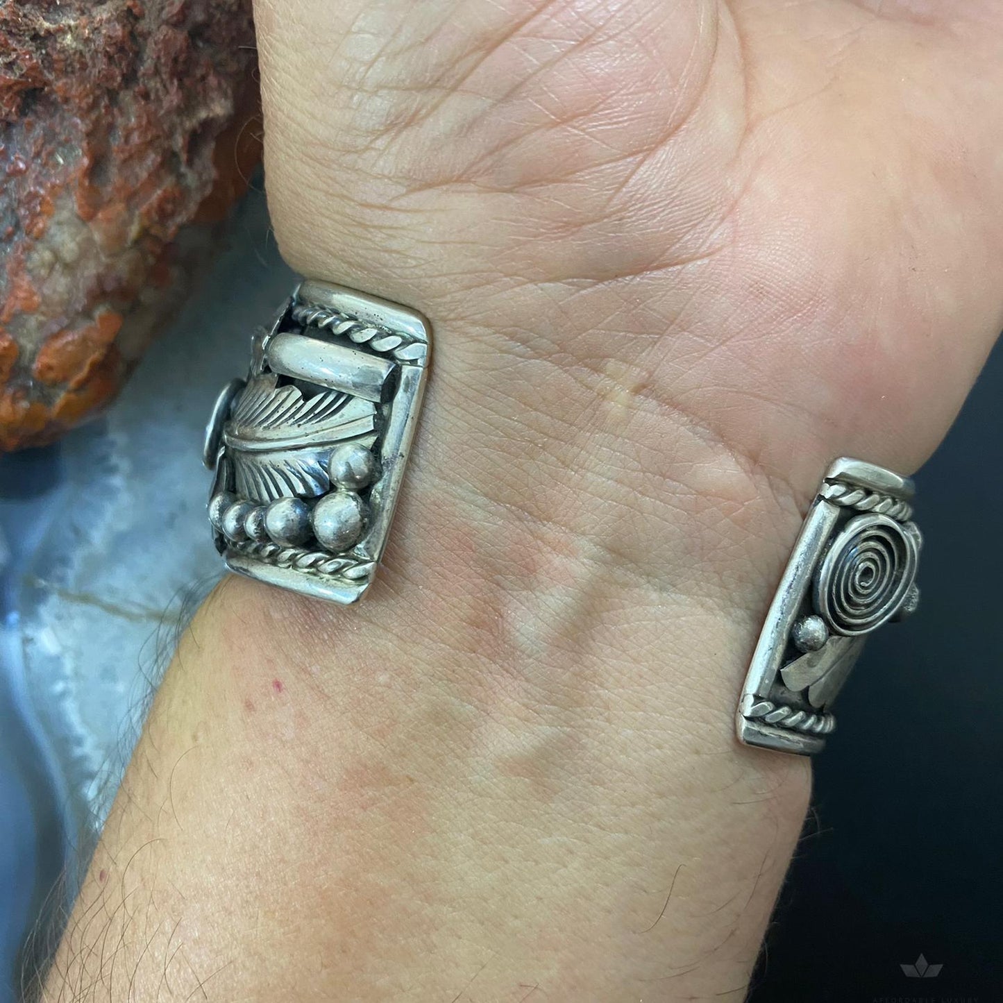 Native American Sterling Silver Turquoise & Coral Leaf Decorated Bracelet For Men